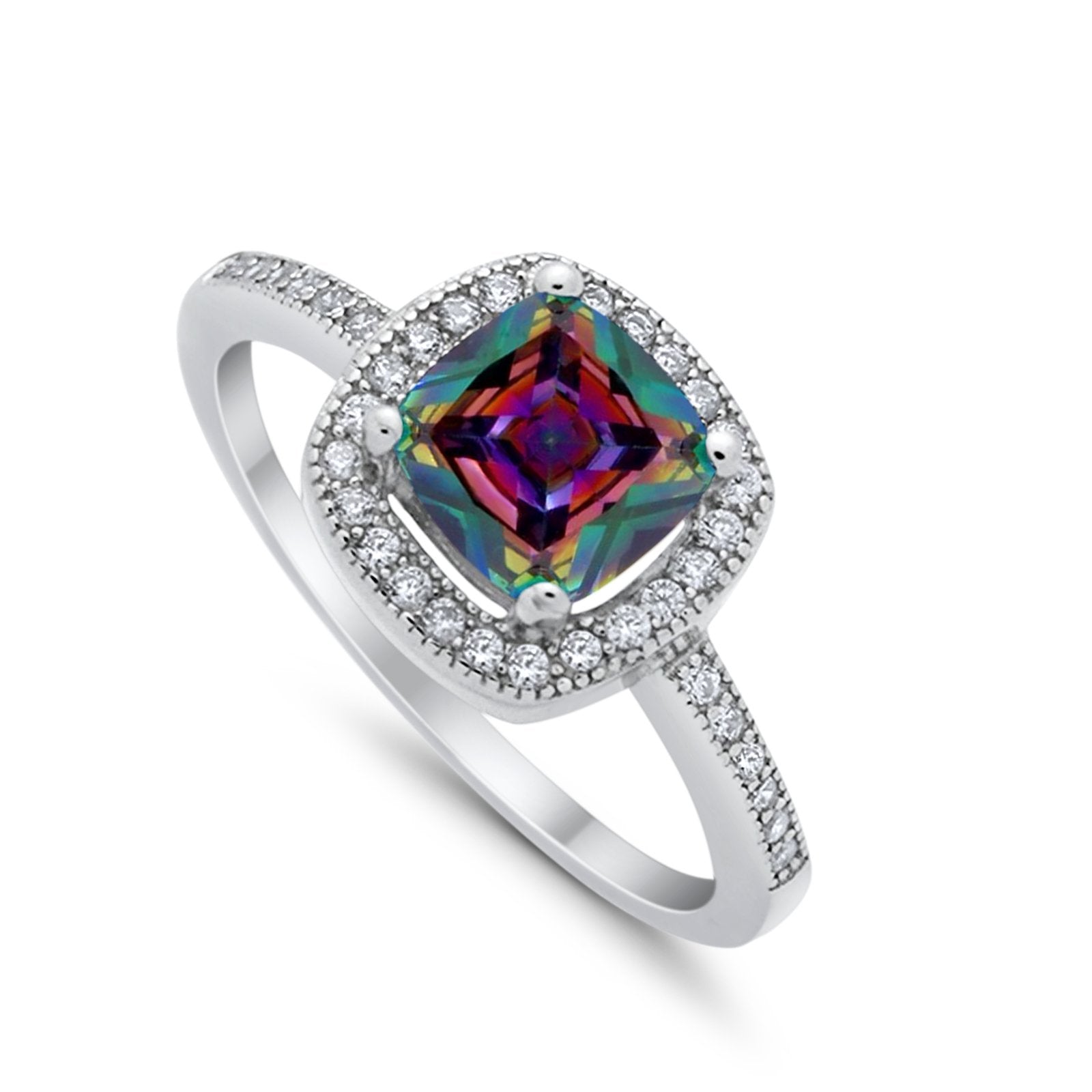 Halo Art Deco Design Ring Round Simulated Cubic Zirconia 925 Sterling Silver