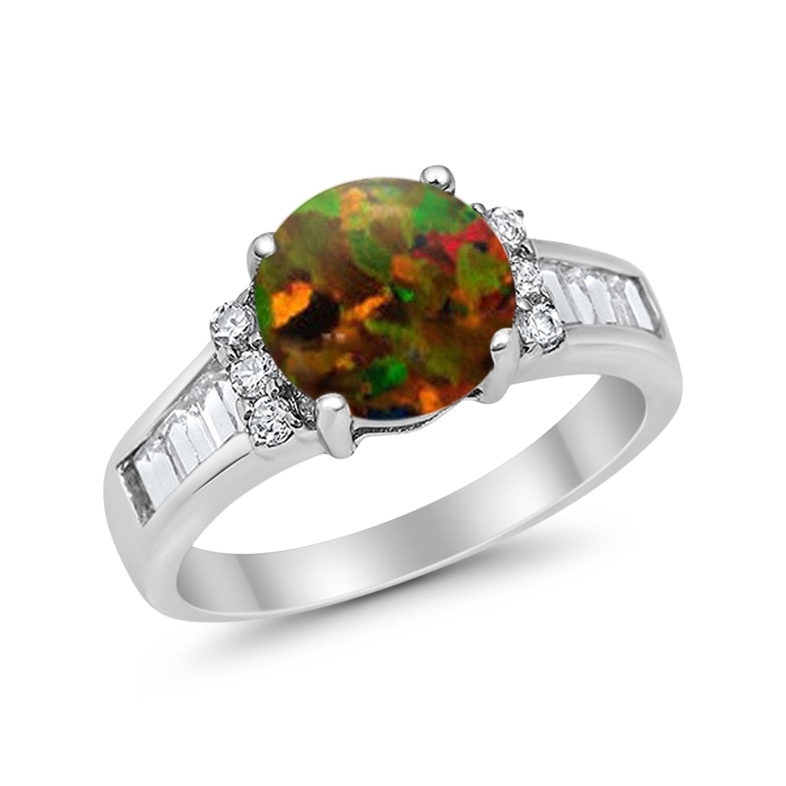 Engagement Round Baguette Stone Ring Simulated CZ 925 Sterling Silver