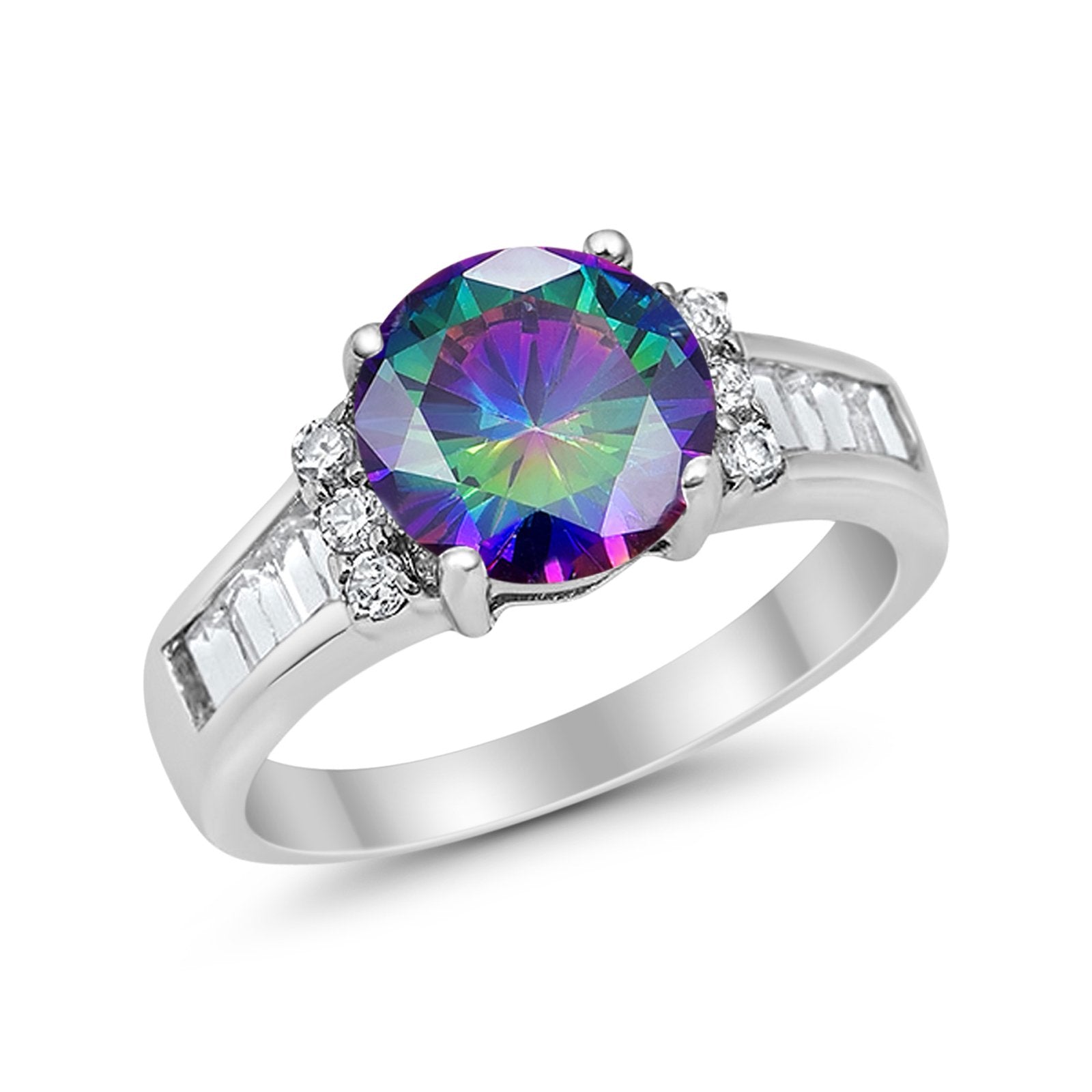 Engagement Round Baguette Stone Ring Simulated CZ 925 Sterling Silver