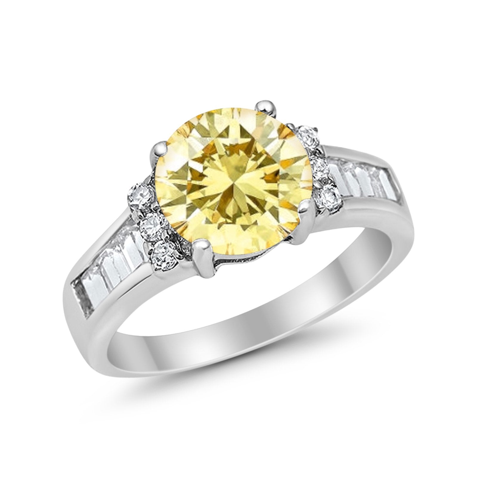 Engagement Round Baguette Stone Ring Simulated CZ 925 Sterling Silver