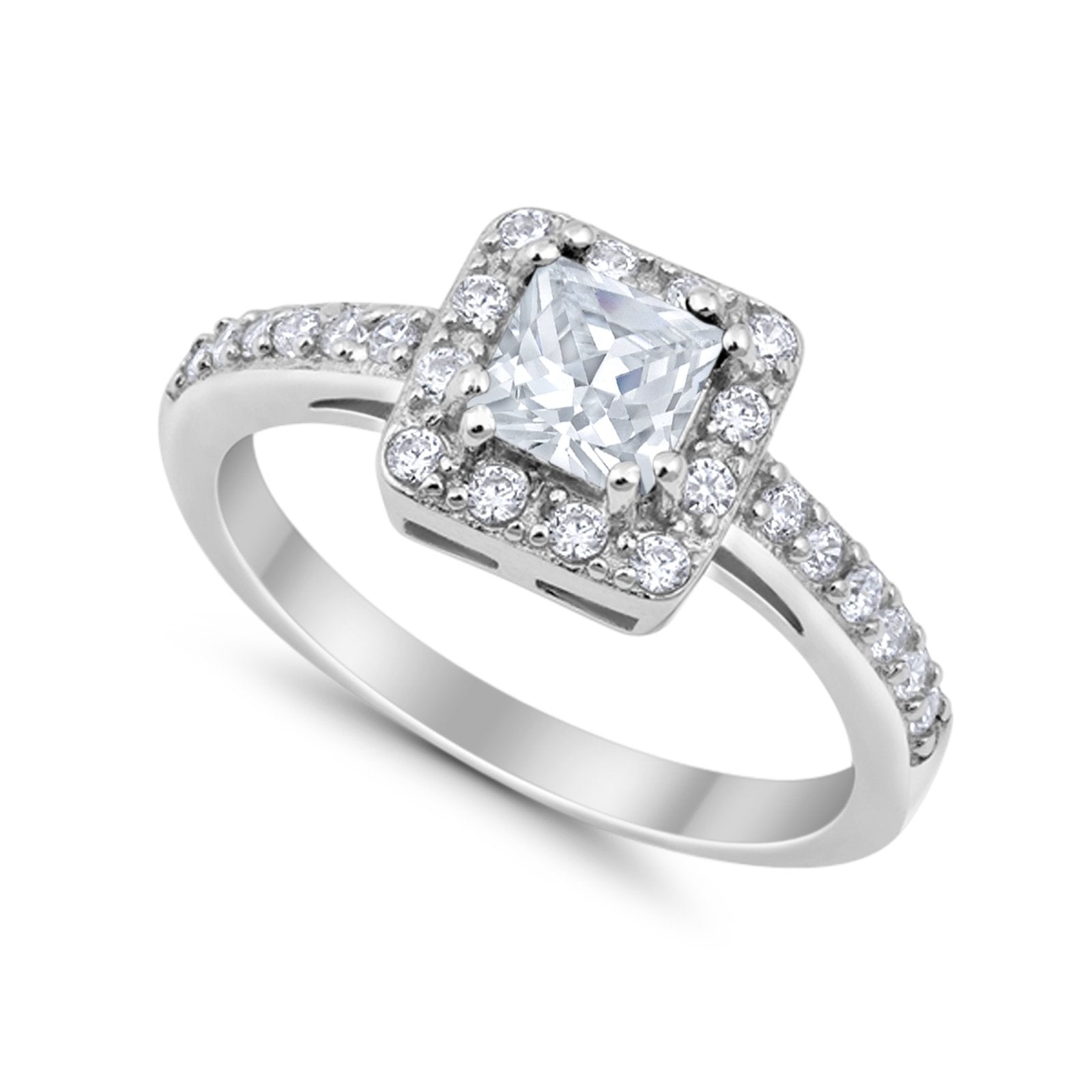 Halo Engagement Ring Princess Cut Simulated CZ 925 Sterling Silver