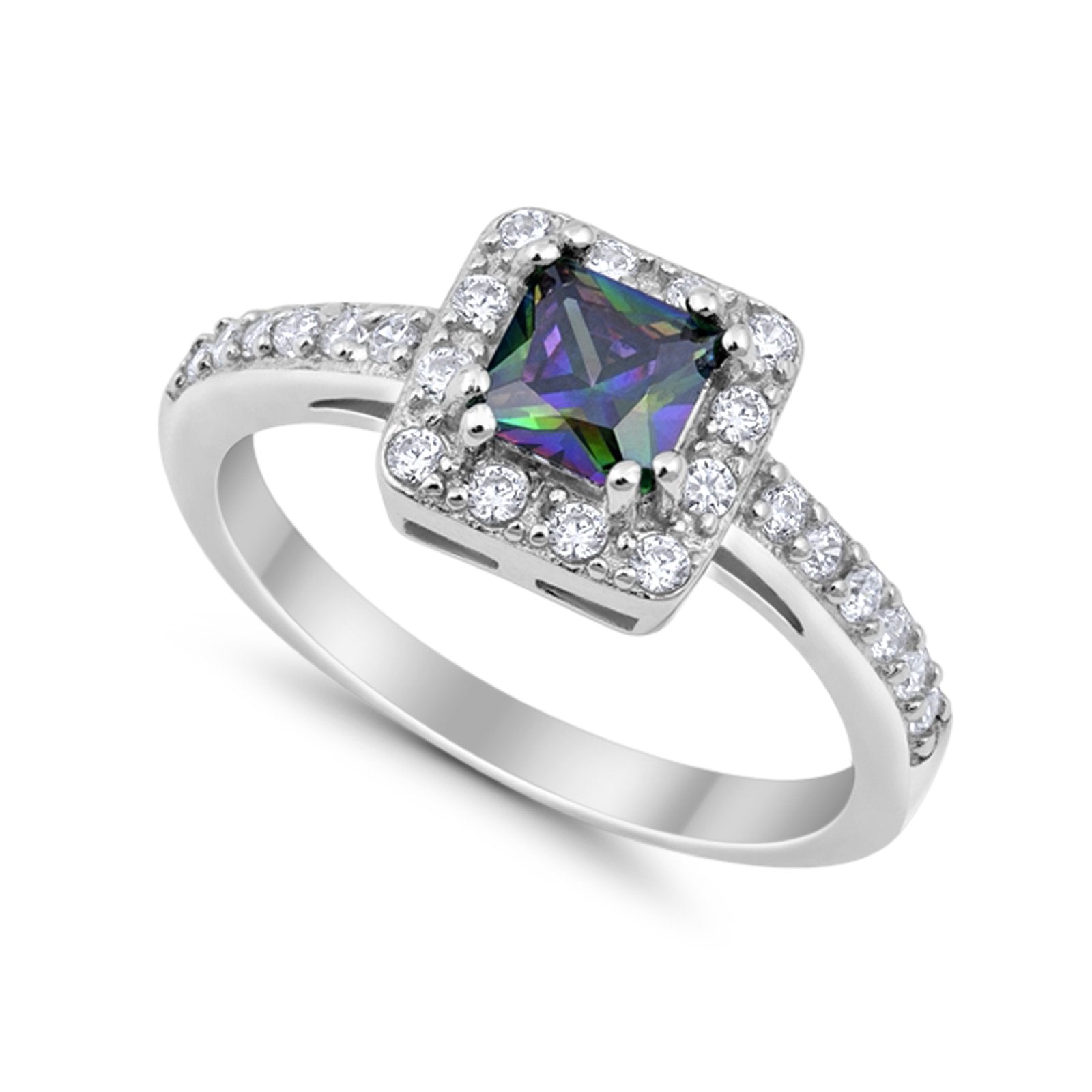 Halo Engagement Ring Princess Cut Simulated CZ 925 Sterling Silver