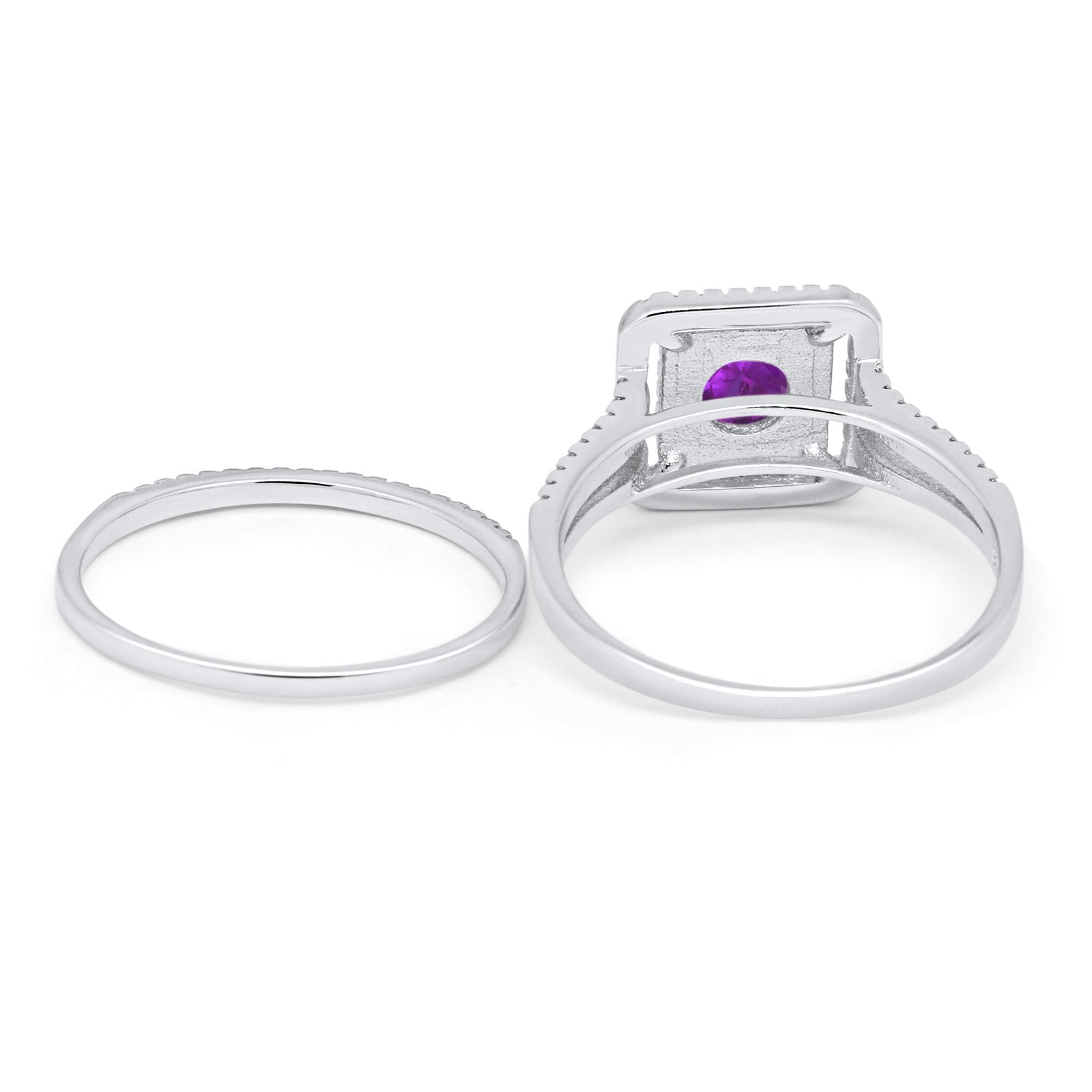 Halo 2 Piece Wedding Ring Band Set Round Simulated CZ 925 Sterling Silver