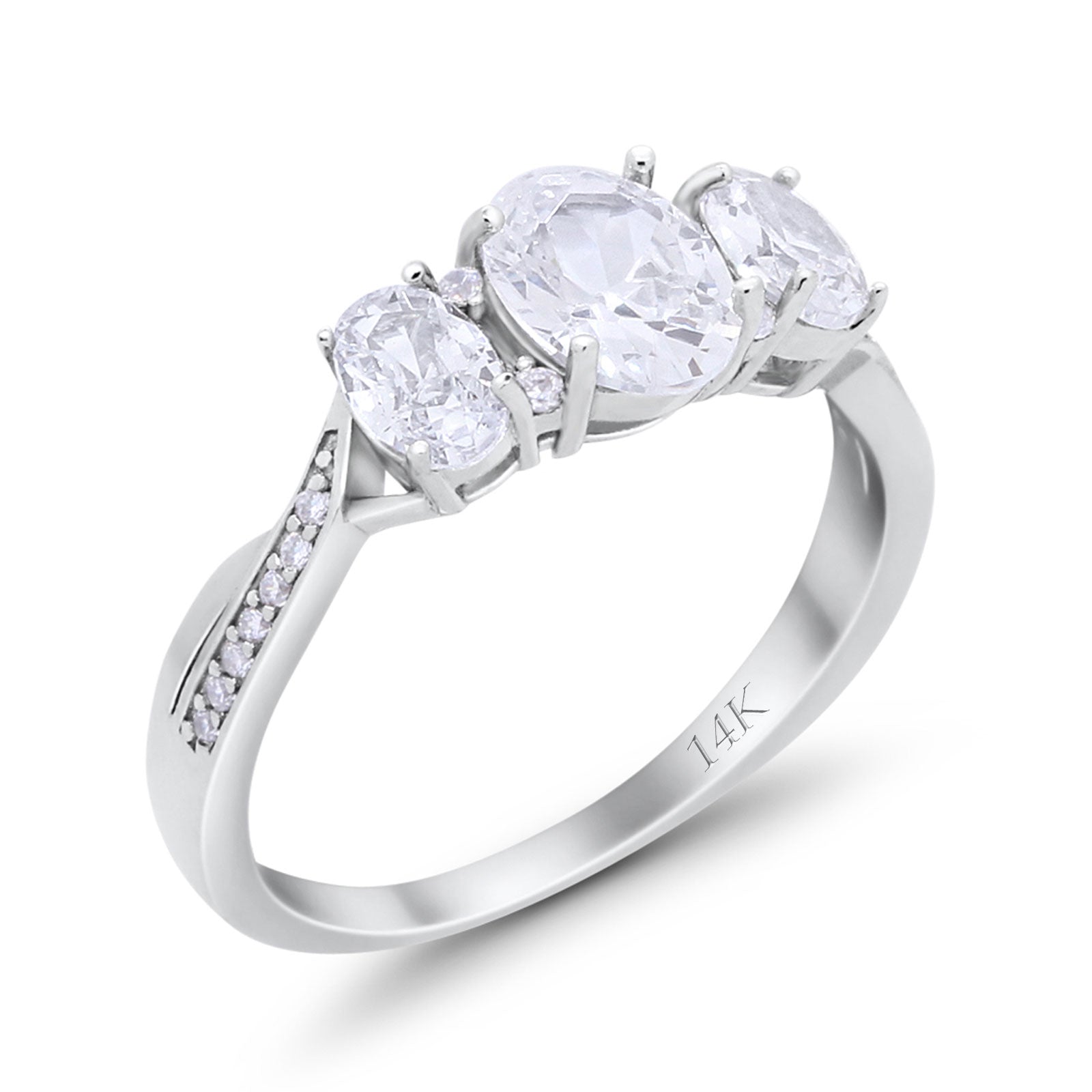 14K Gold Oval Three Stone Cubic Zirconia Engagement Ring