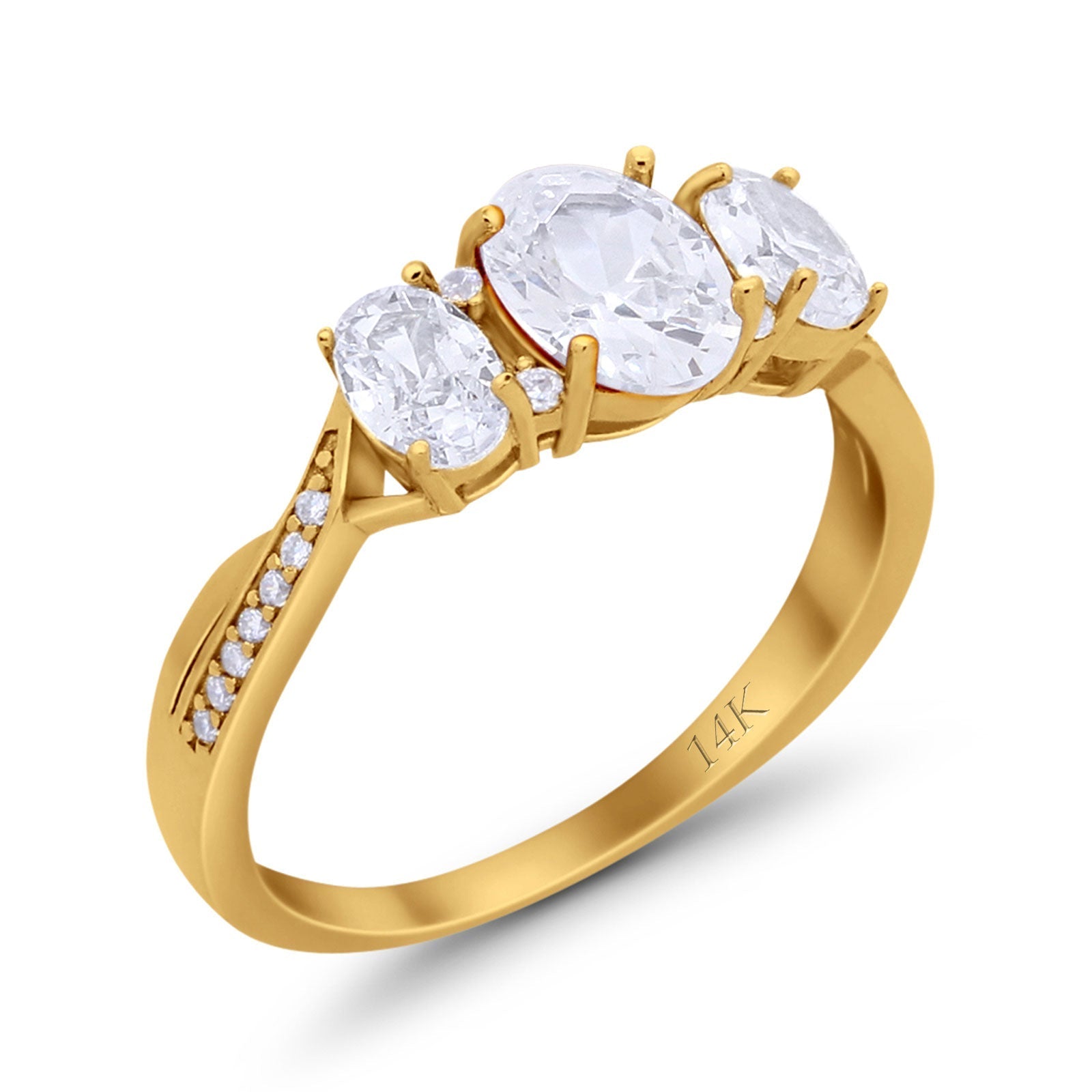 14K Gold Oval Three Stone Cubic Zirconia Engagement Ring