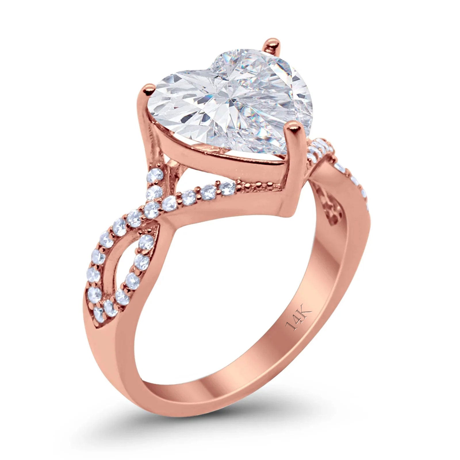 14K Gold Art Deco Heart Promise Twisted Shank Cubic Zirconia Wedding Ring