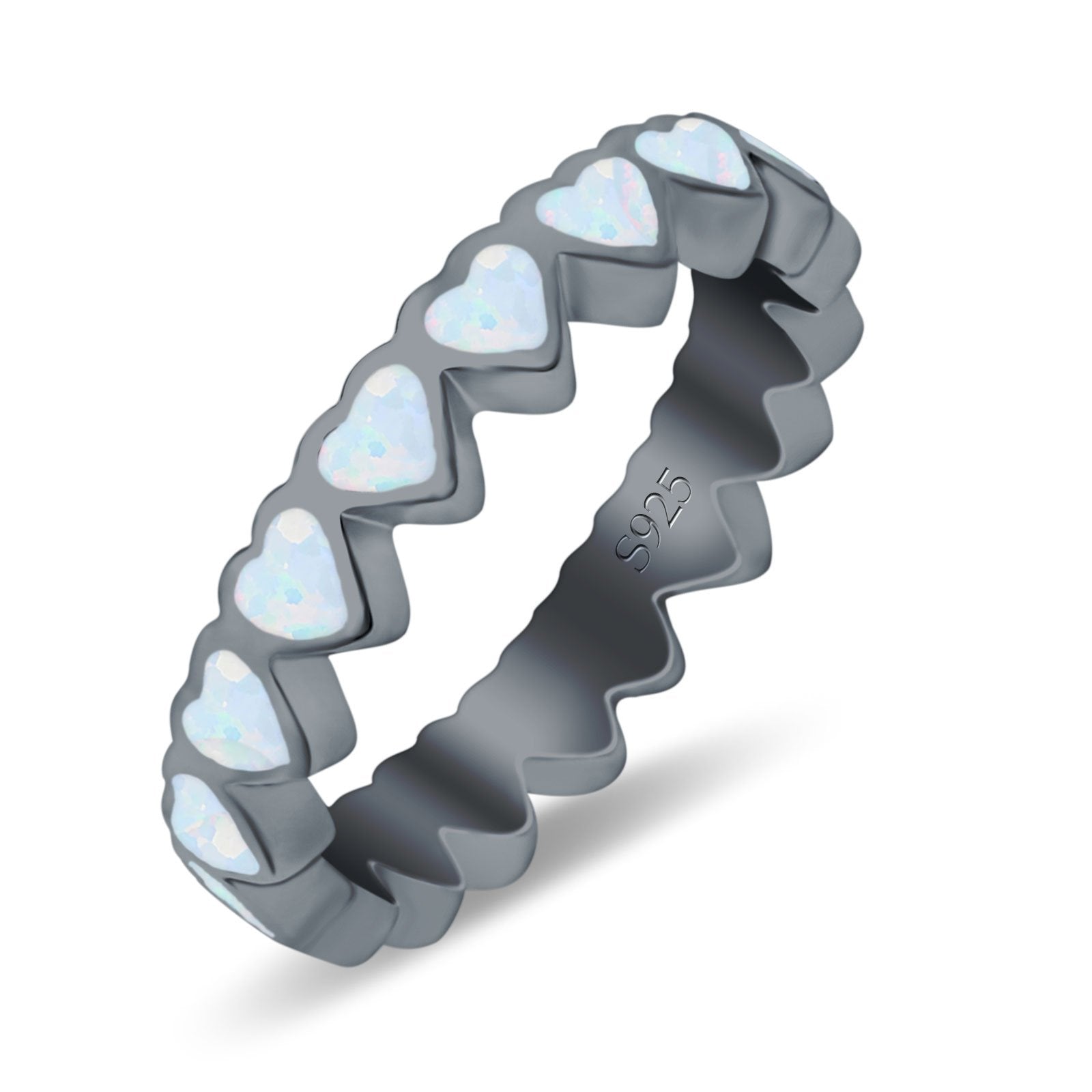 Heart Ring Band Lab Created Opal 925 Sterling Silver (4mm)