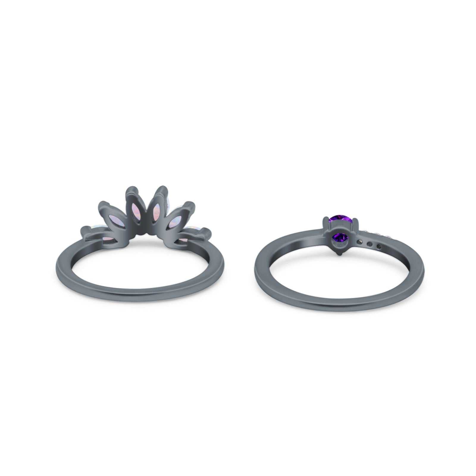 Two Piece Bridal Set Marquise Art Deco Wedding Engagement Ring Set Round Simulated Cubic Zirconia & Lab White Opal Band 925 Sterling Silver