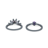 Two Piece Bridal Set Marquise Art Deco Wedding Engagement Ring Set Round Simulated Cubic Zirconia & Lab White Opal Band 925 Sterling Silver