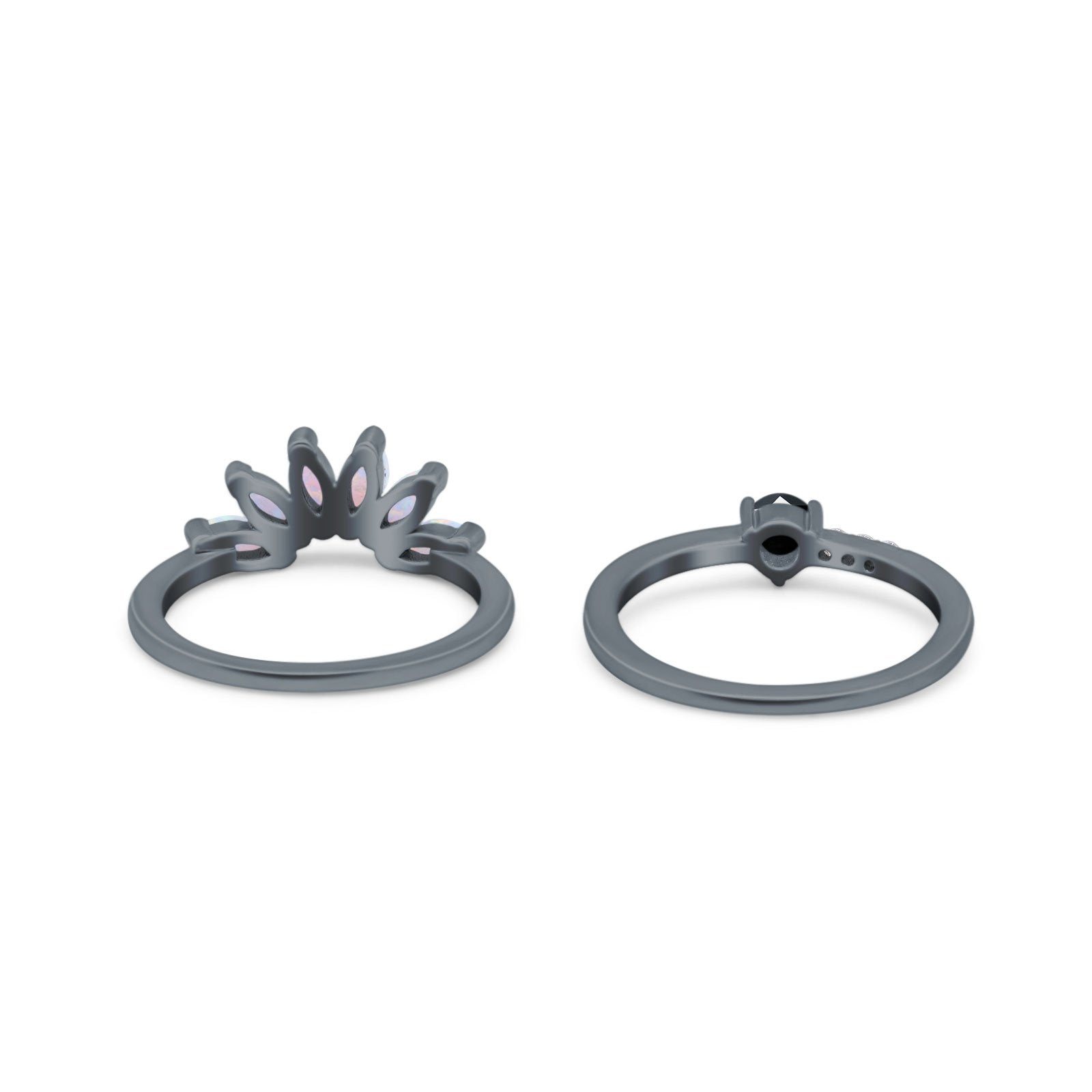 Two Piece Bridal Set Marquise Art Deco Wedding Engagement Ring Set Round Simulated Cubic Zirconia & Lab White Opal Band 925 Sterling Silver