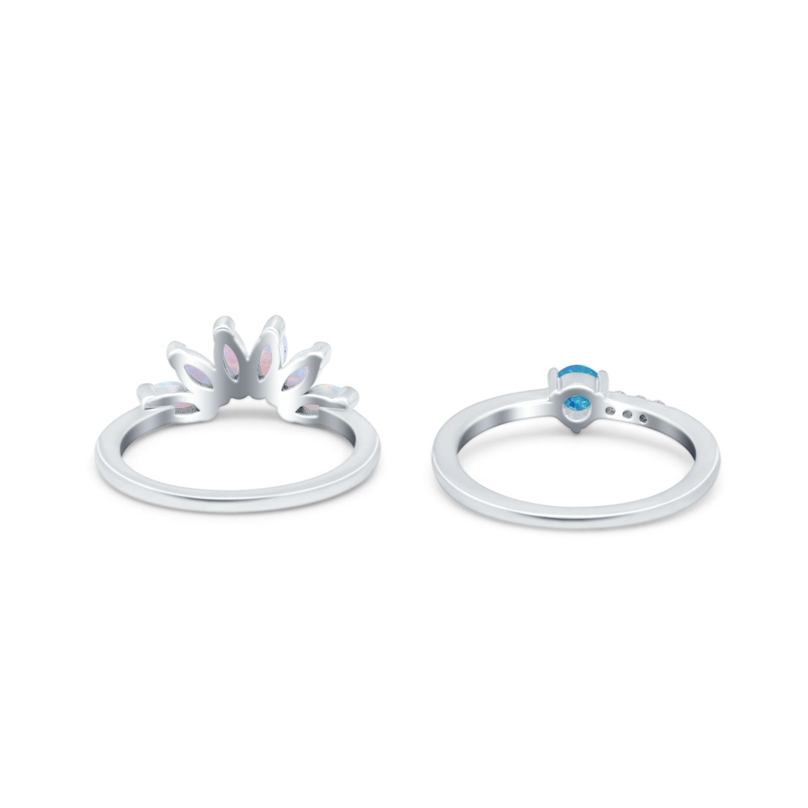 Two Piece Bridal Set Marquise Art Deco Wedding Engagement Ring Set Round Simulated Cubic Zirconia & Lab White Opal Band 925 Sterling Silver
