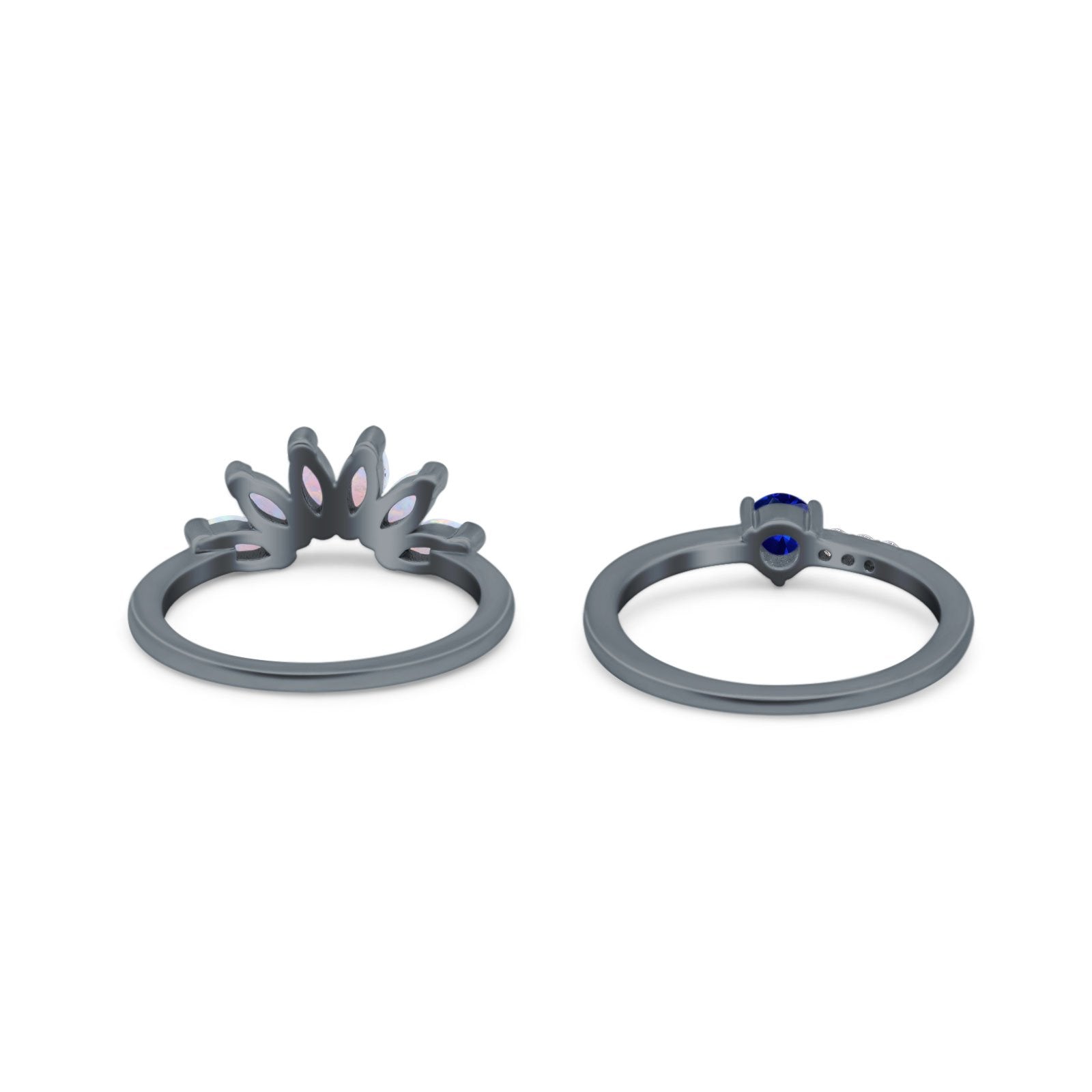 Two Piece Bridal Set Marquise Art Deco Wedding Engagement Ring Set Round Simulated Cubic Zirconia & Lab White Opal Band 925 Sterling Silver