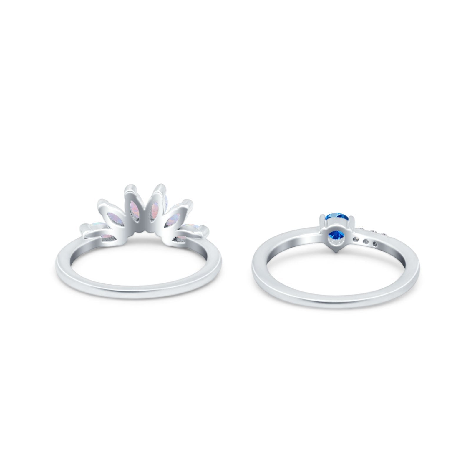 Two Piece Bridal Set Marquise Art Deco Wedding Engagement Ring Set Round Simulated Cubic Zirconia & Lab White Opal Band 925 Sterling Silver