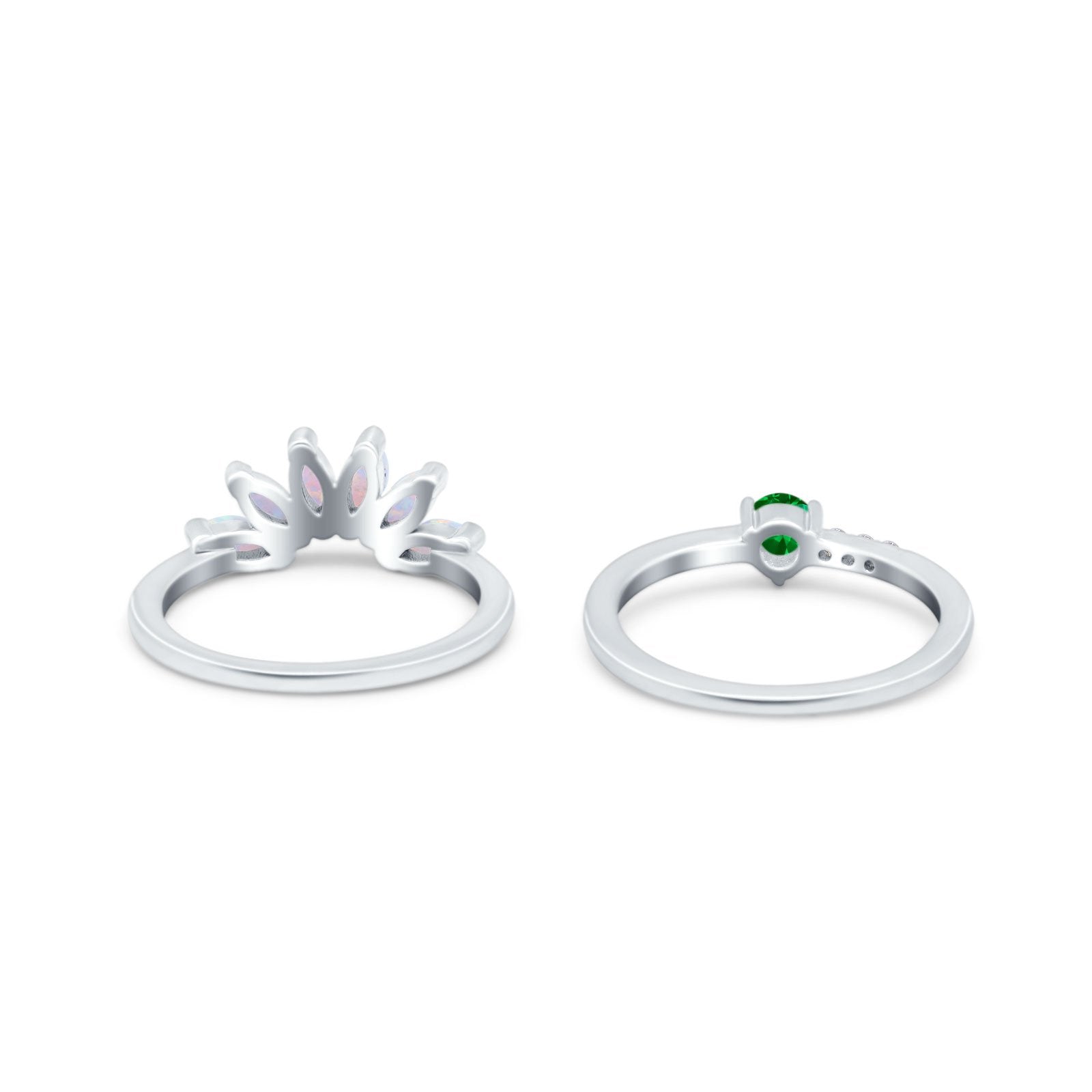 Two Piece Bridal Set Marquise Art Deco Wedding Engagement Ring Set Round Simulated Cubic Zirconia & Lab White Opal Band 925 Sterling Silver