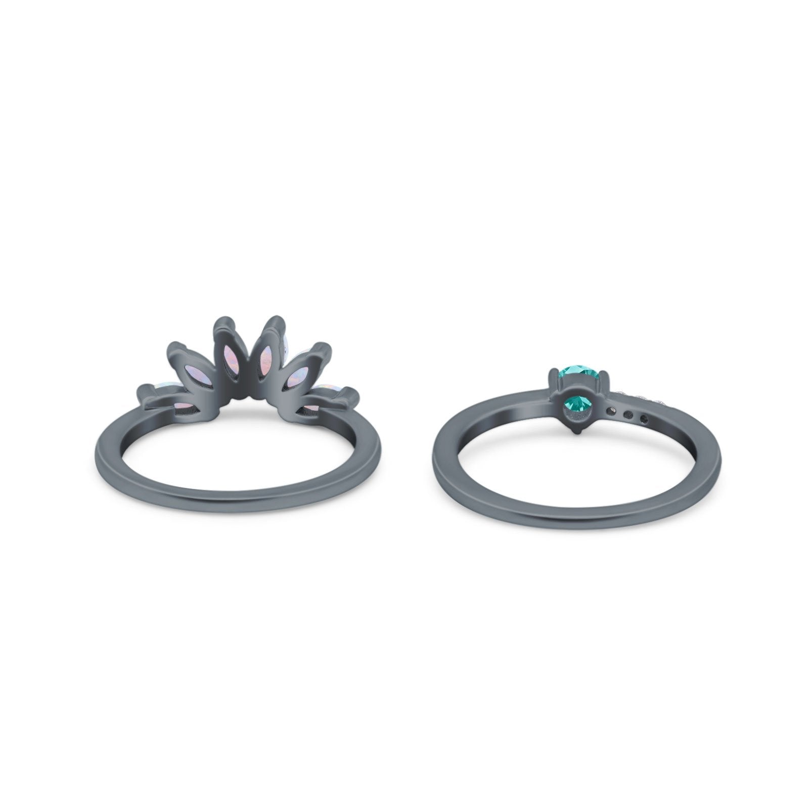 Two Piece Bridal Set Marquise Art Deco Wedding Engagement Ring Set Round Simulated Cubic Zirconia & Lab White Opal Band 925 Sterling Silver