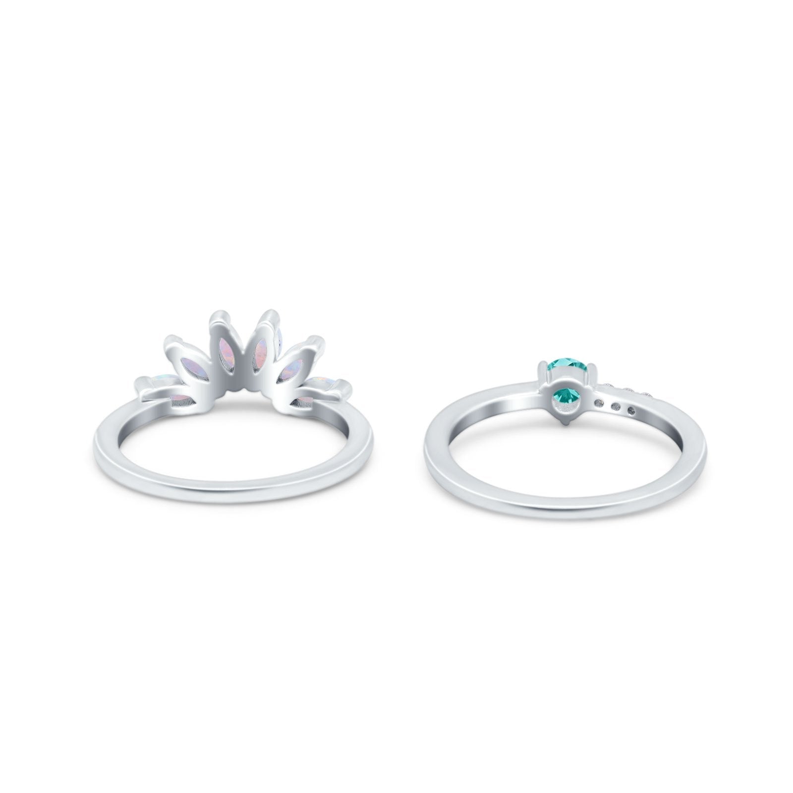 Two Piece Bridal Set Marquise Art Deco Wedding Engagement Ring Set Round Simulated Cubic Zirconia & Lab White Opal Band 925 Sterling Silver
