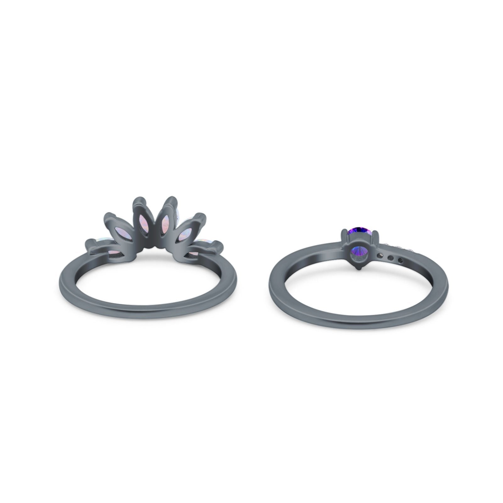 Two Piece Bridal Set Marquise Art Deco Wedding Engagement Ring Set Round Simulated Cubic Zirconia & Lab White Opal Band 925 Sterling Silver