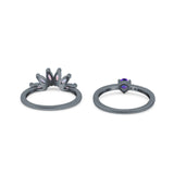 Two Piece Bridal Set Marquise Art Deco Wedding Engagement Ring Set Round Simulated Cubic Zirconia & Lab White Opal Band 925 Sterling Silver