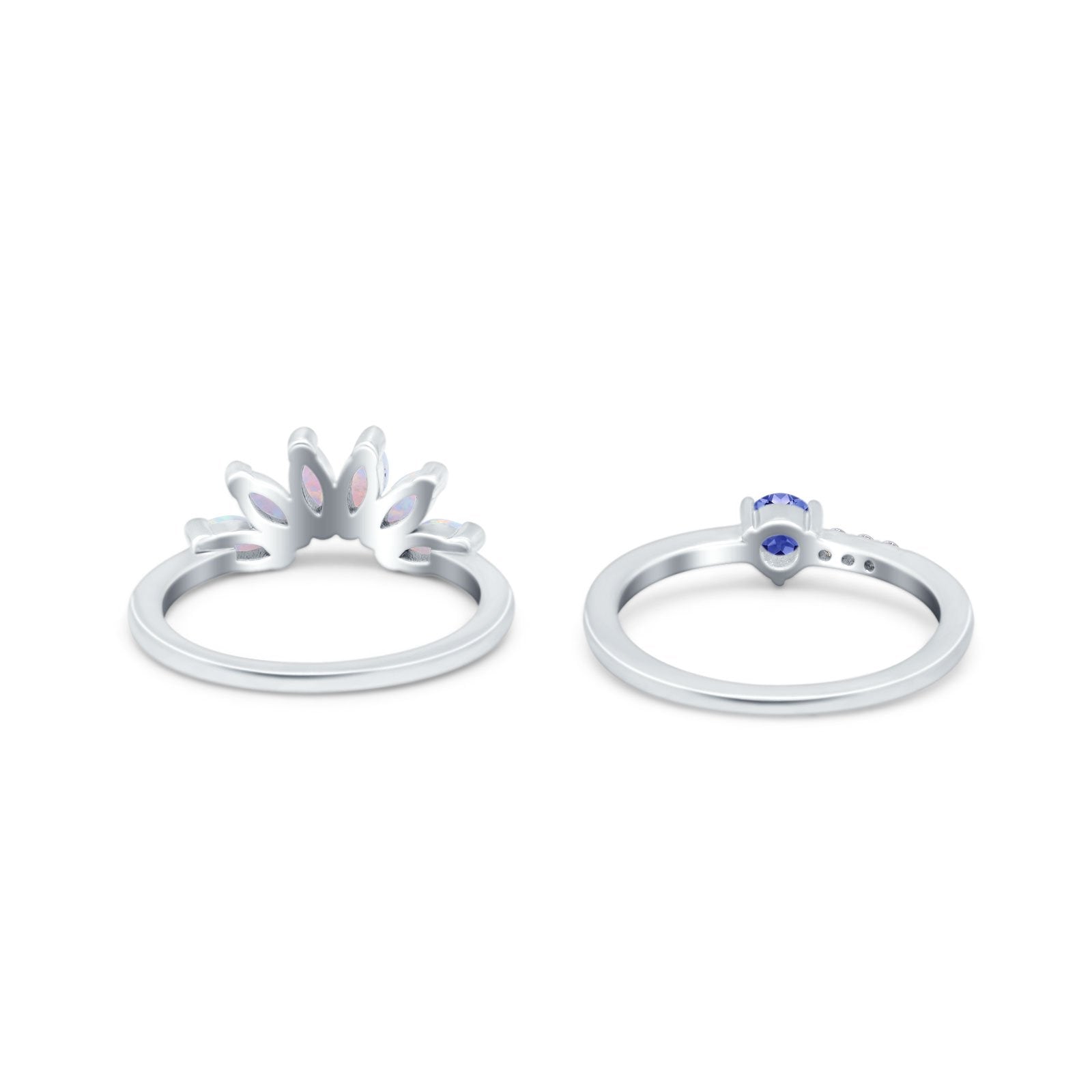 Two Piece Bridal Set Marquise Art Deco Wedding Engagement Ring Set Round Simulated Cubic Zirconia & Lab White Opal Band 925 Sterling Silver