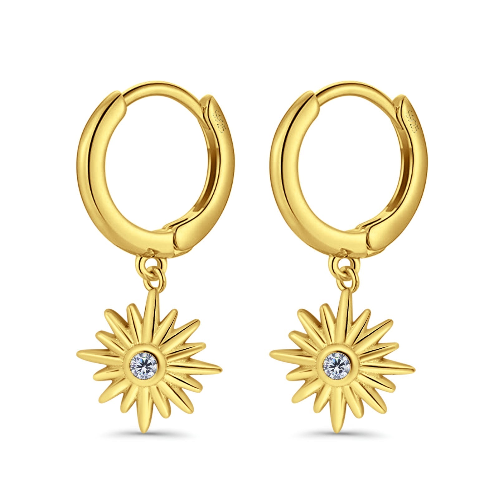 Starburst LeverBack Earrings Hoop Huggie Design Simulated Cubic Zirconia 925 Sterling Silver (40mm)