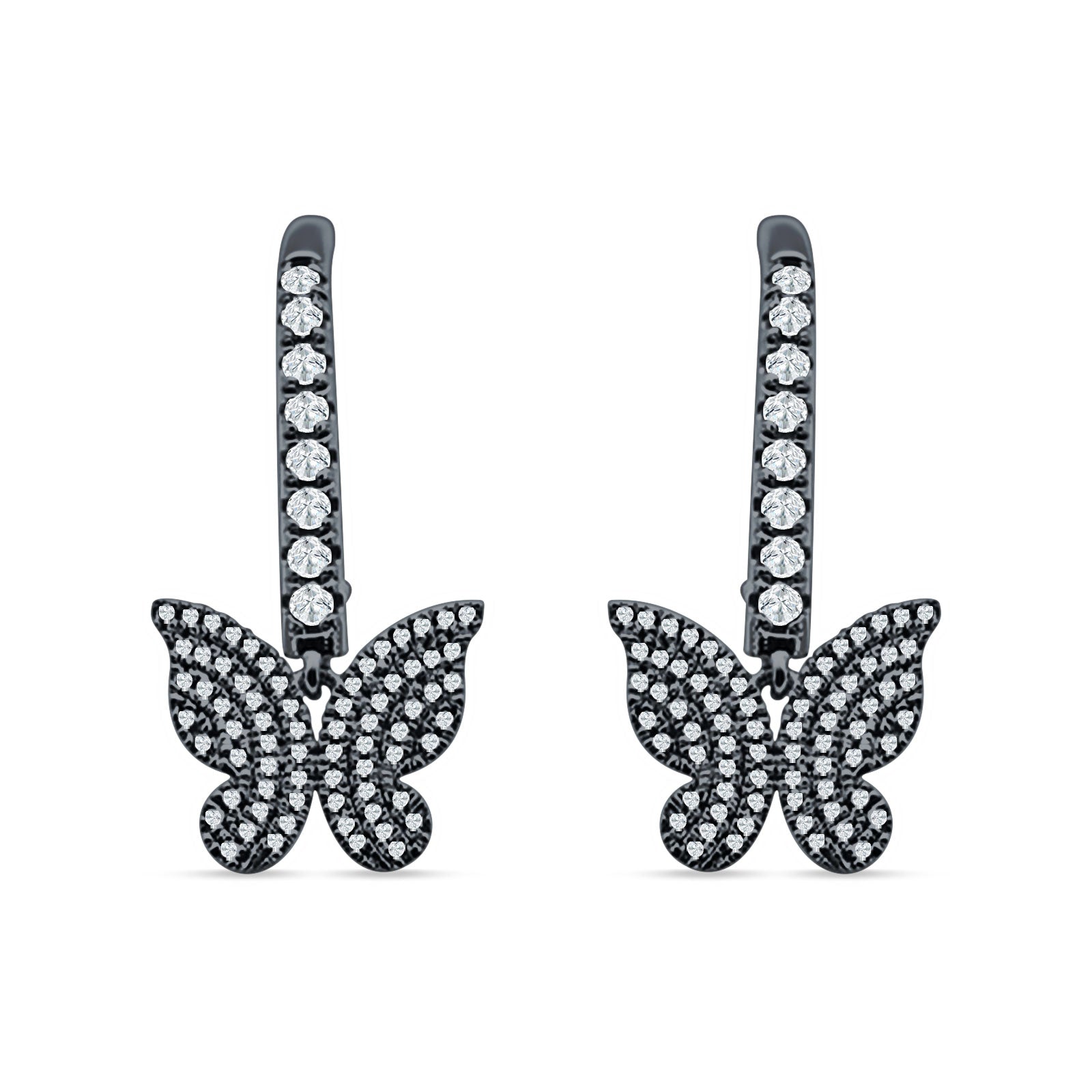 Butterfly Hoop Leverback Earrings Cubic Zirconia 925 Sterling Silver