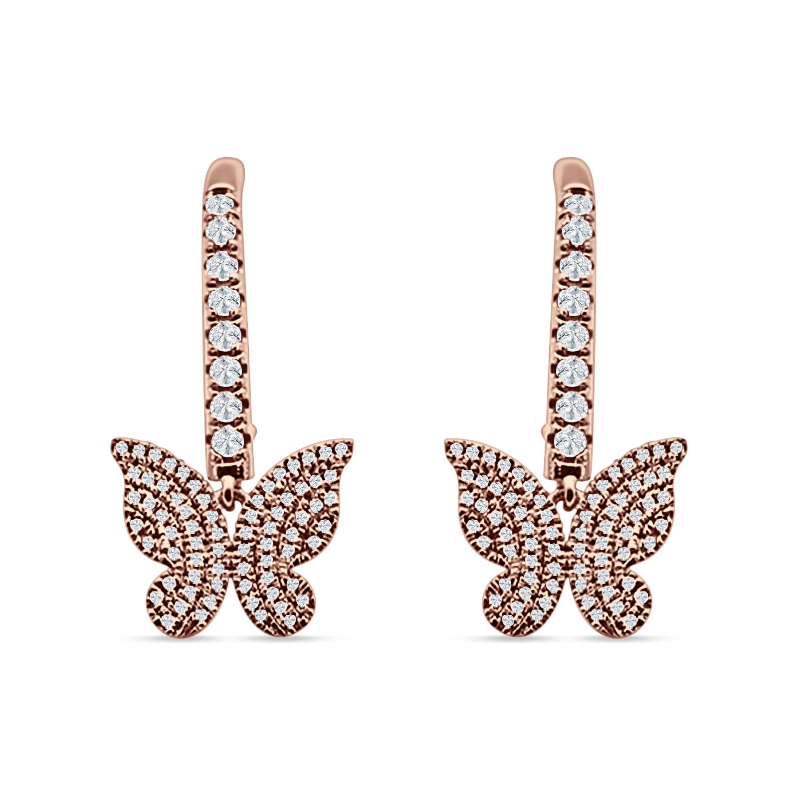 Butterfly Hoop Leverback Earrings Cubic Zirconia 925 Sterling Silver