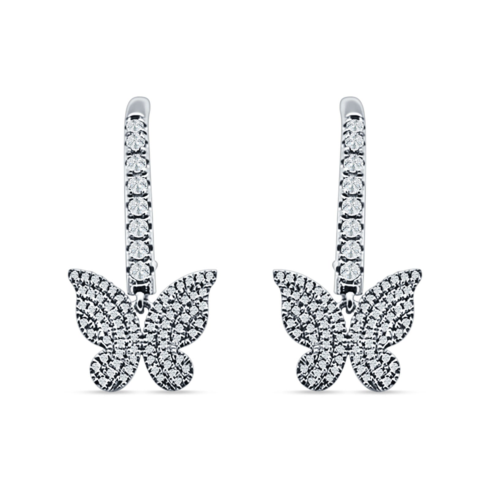 Butterfly Hoop Leverback Earrings Cubic Zirconia 925 Sterling Silver