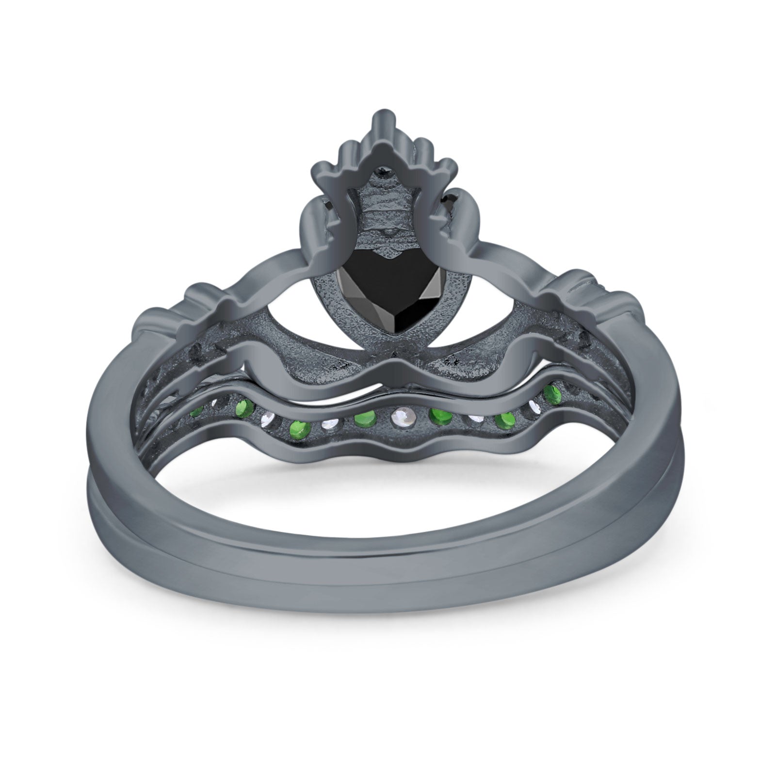 Claddagh Accent Heart Wedding Bridal Set Piece Ring Band Round Green Emerald Simulated Cubic Zirconia 925 Sterling Silver