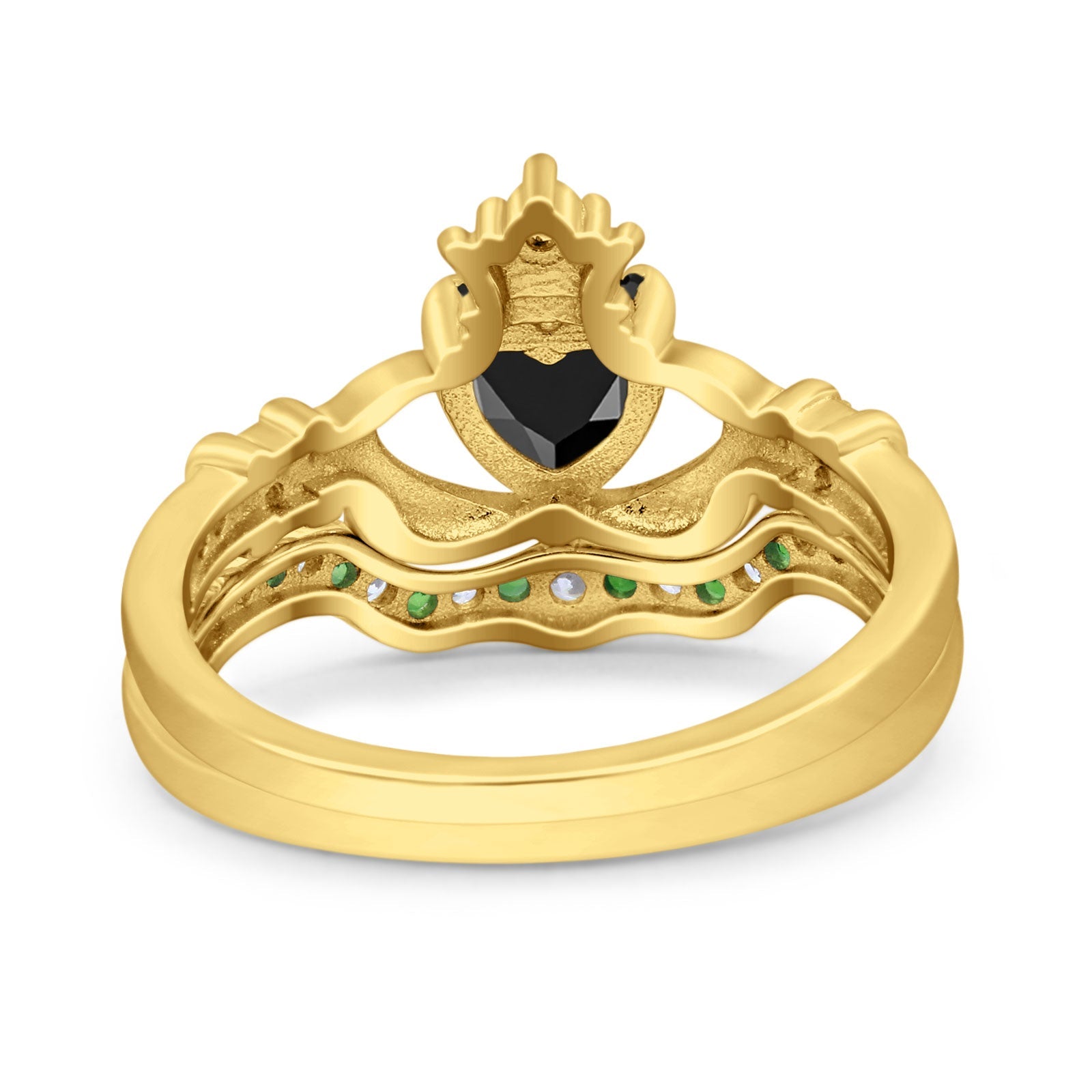 Claddagh Accent Heart Wedding Bridal Set Piece Ring Band Round Green Emerald Simulated Cubic Zirconia 925 Sterling Silver