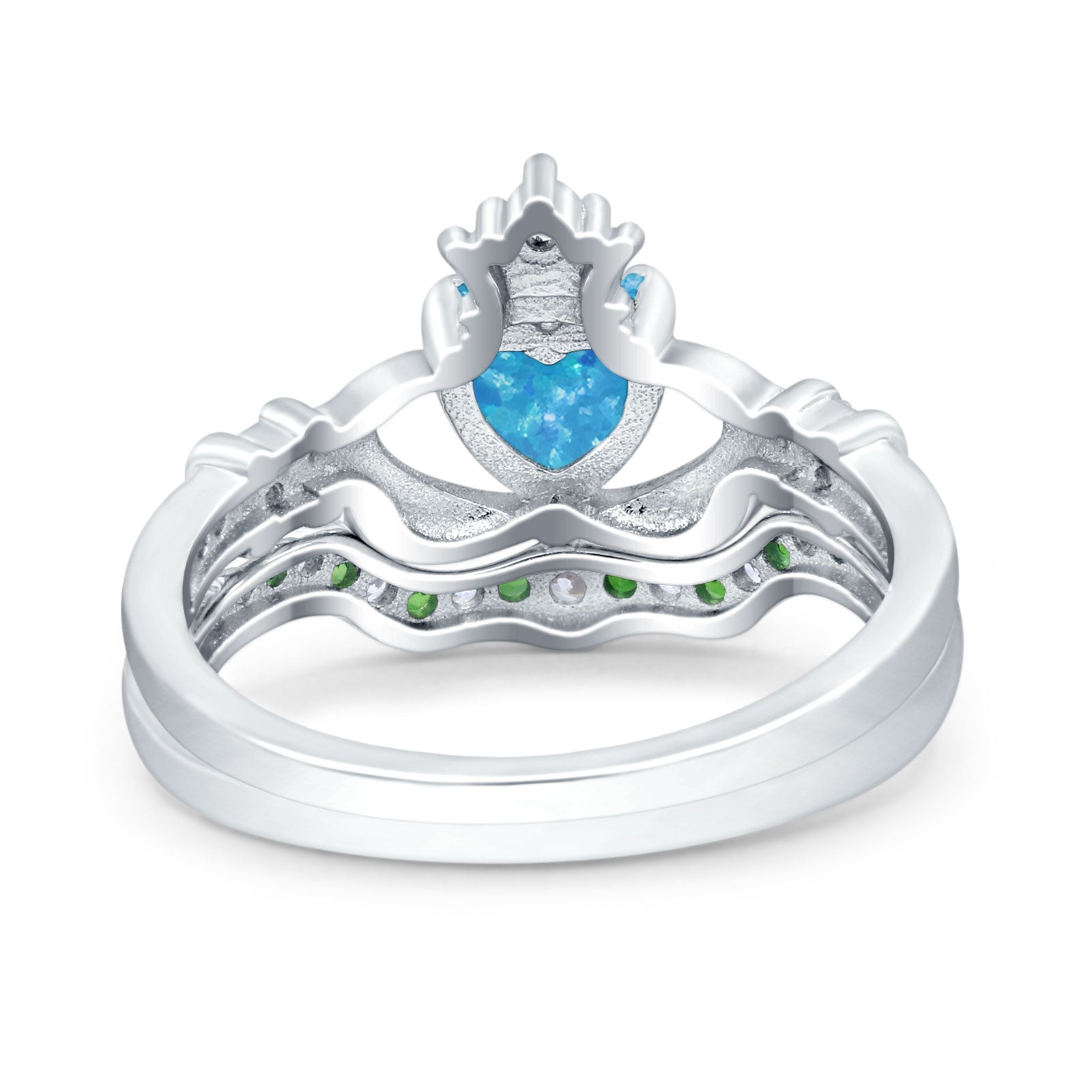 Claddagh Accent Heart Wedding Bridal Set Piece Ring Band Round Green Emerald Simulated Cubic Zirconia 925 Sterling Silver
