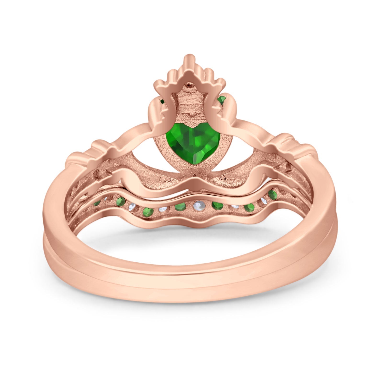 Claddagh Accent Heart Wedding Bridal Set Piece Ring Band Round Green Emerald Simulated Cubic Zirconia 925 Sterling Silver