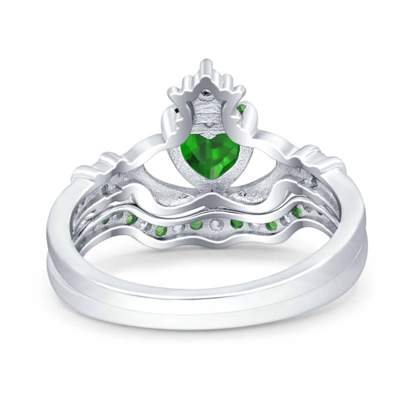 Claddagh Accent Heart Wedding Bridal Set Piece Ring Band Round Green Emerald Simulated Cubic Zirconia 925 Sterling Silver