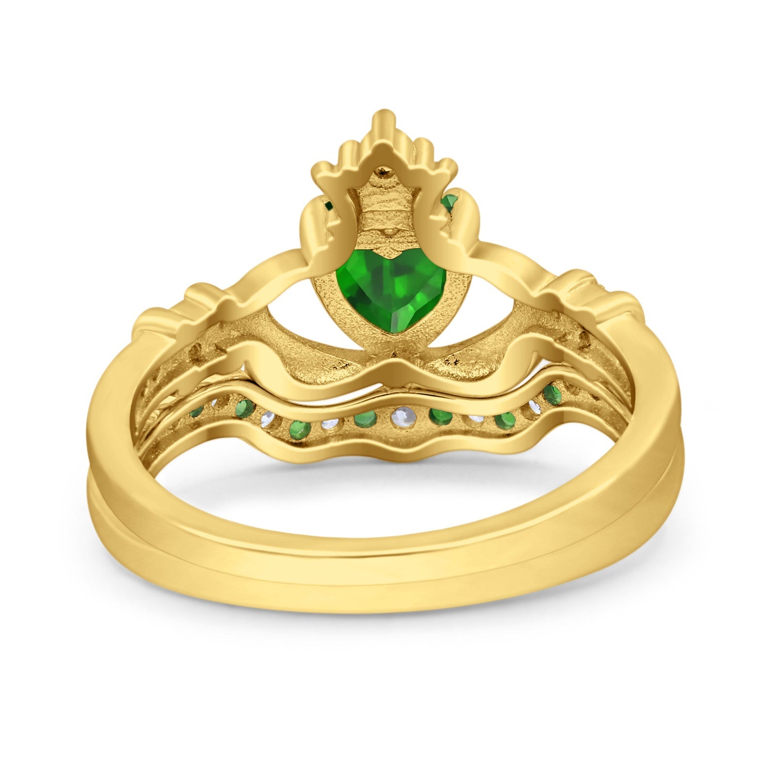 Claddagh Accent Heart Wedding Bridal Set Piece Ring Band Round Green Emerald Simulated Cubic Zirconia 925 Sterling Silver