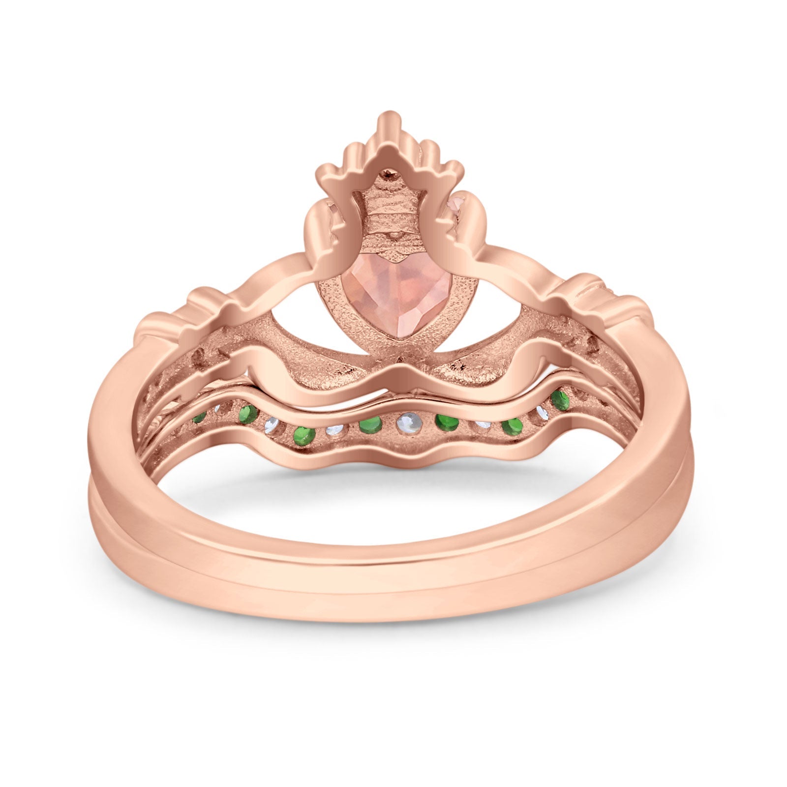 Claddagh Accent Heart Wedding Bridal Set Piece Ring Band Round Green Emerald Simulated Cubic Zirconia 925 Sterling Silver