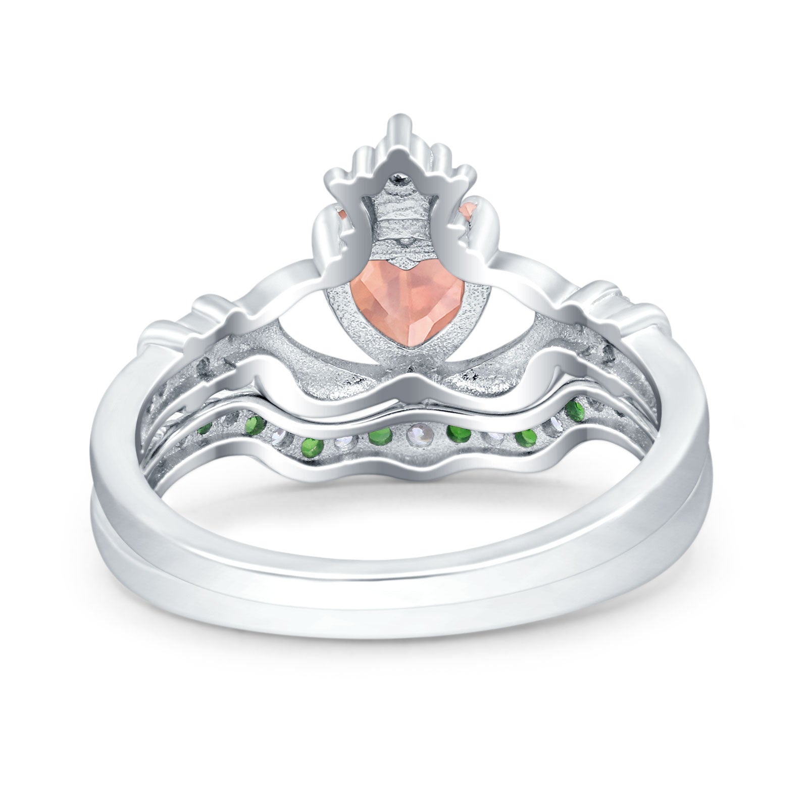Claddagh Accent Heart Wedding Bridal Set Piece Ring Band Round Green Emerald Simulated Cubic Zirconia 925 Sterling Silver