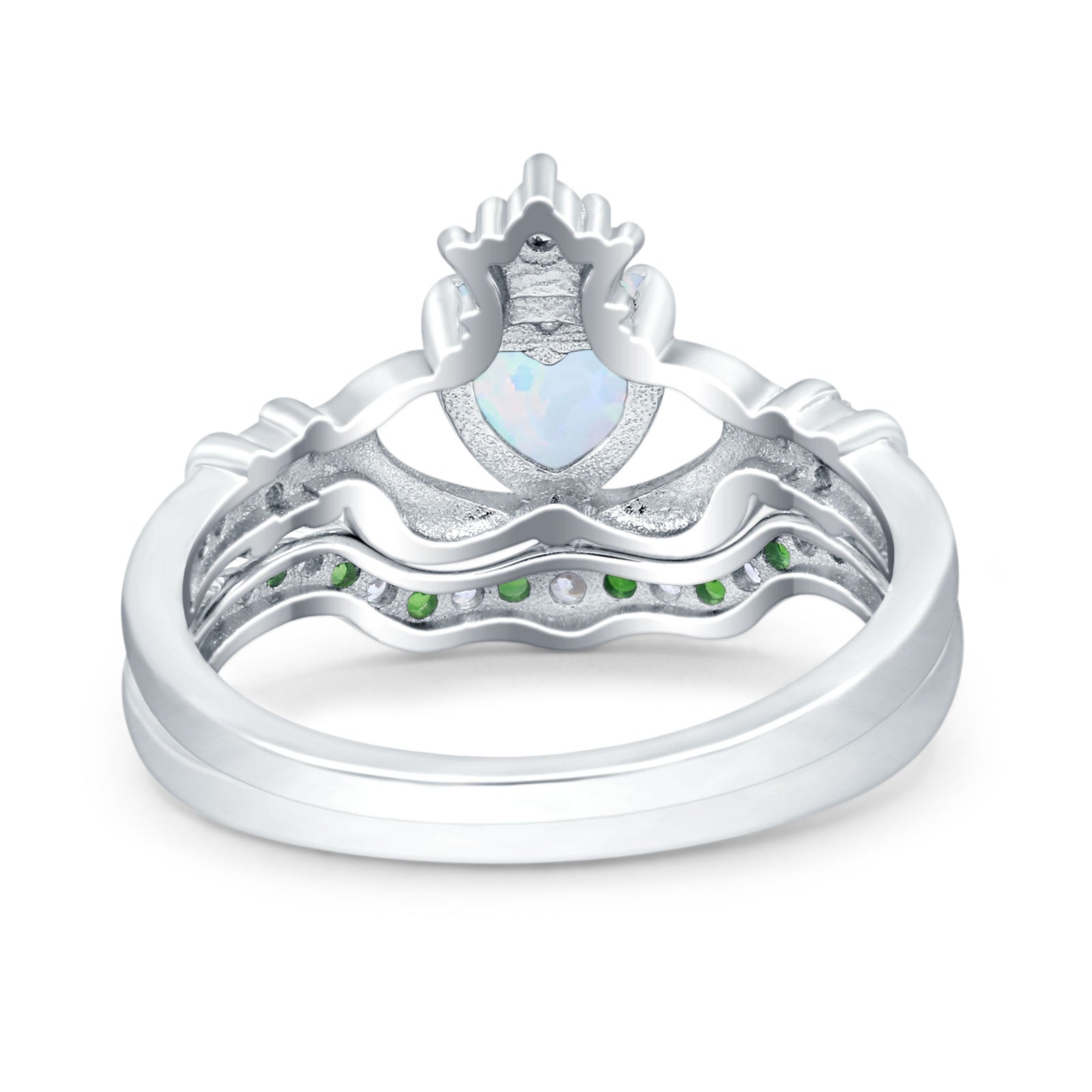 Claddagh Accent Heart Wedding Bridal Set Piece Ring Band Round Green Emerald Simulated Cubic Zirconia 925 Sterling Silver