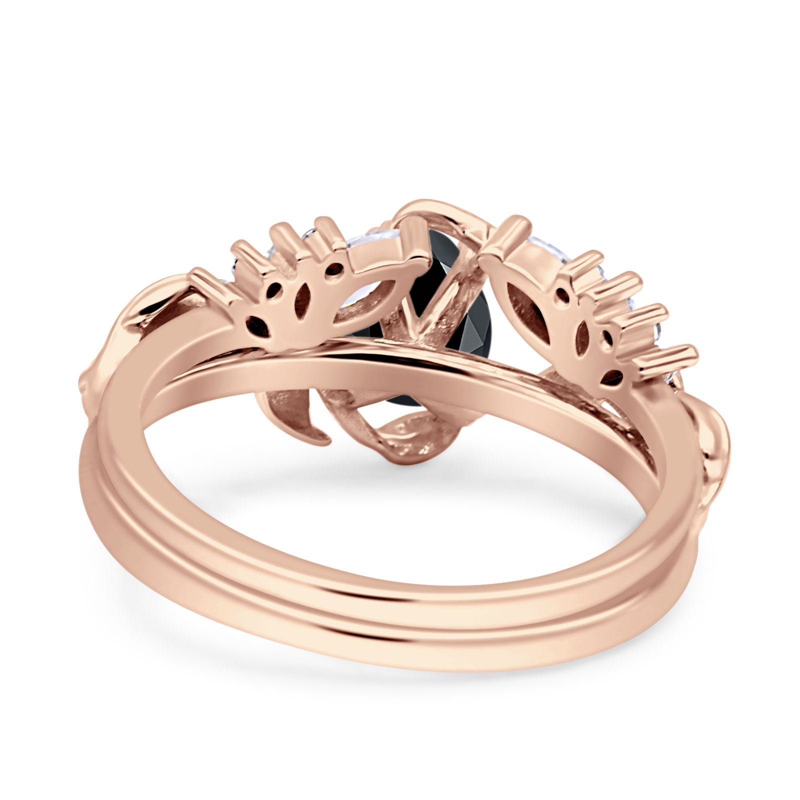 Art Deco Teardrop Pear Leaf Design Wedding Two Piece Ring Simulated Cubic Zirconia Stones 925 Sterling Silver