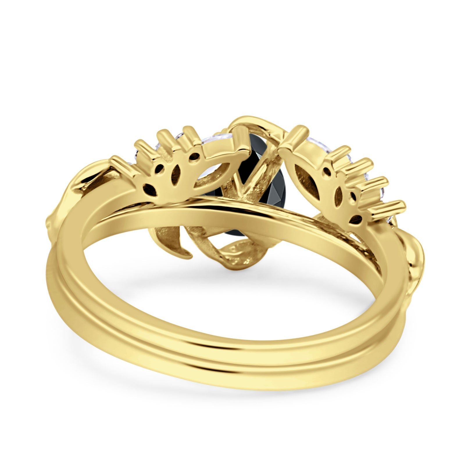 Art Deco Teardrop Pear Leaf Design Wedding Two Piece Ring Simulated Cubic Zirconia Stones 925 Sterling Silver