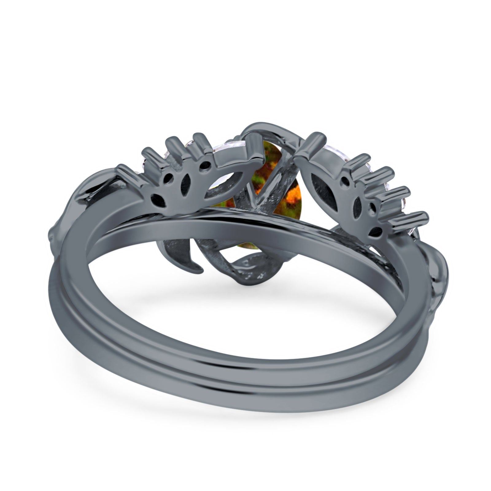 Art Deco Teardrop Pear Leaf Design Wedding Two Piece Ring Simulated Cubic Zirconia Stones 925 Sterling Silver