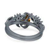 Art Deco Teardrop Pear Leaf Design Wedding Two Piece Ring Simulated Cubic Zirconia Stones 925 Sterling Silver