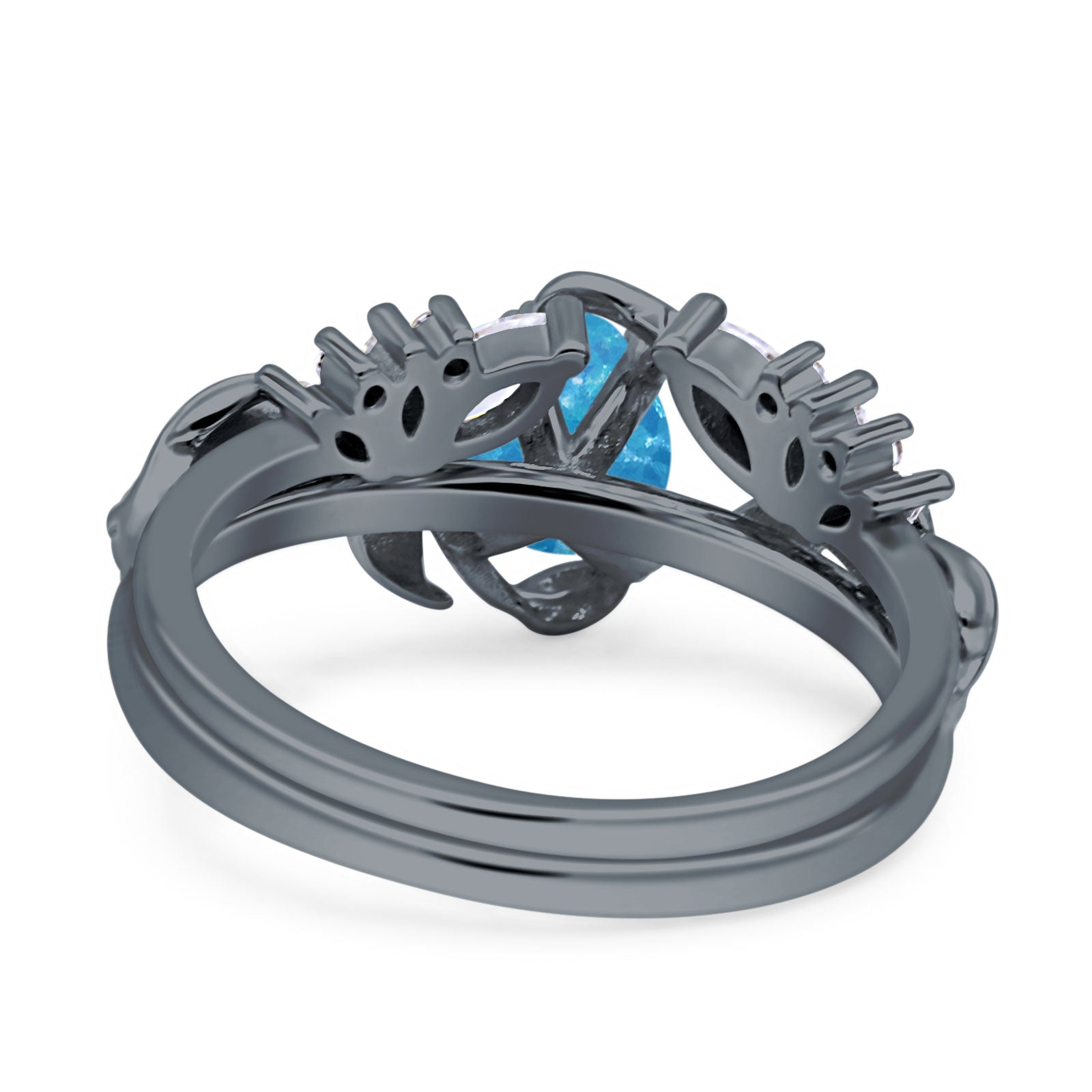 Art Deco Teardrop Pear Leaf Design Wedding Two Piece Ring Simulated Cubic Zirconia Stones 925 Sterling Silver