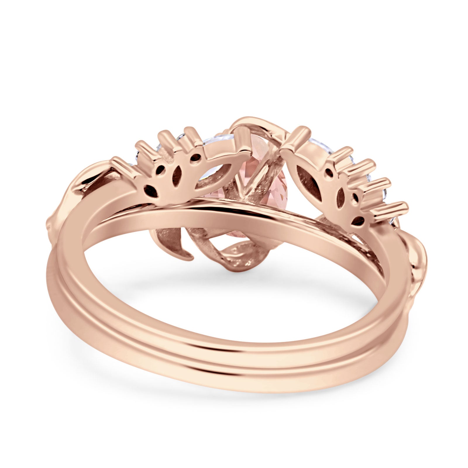 Art Deco Teardrop Pear Leaf Design Wedding Two Piece Ring Simulated Cubic Zirconia Stones 925 Sterling Silver