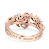 Art Deco Teardrop Pear Leaf Design Wedding Two Piece Ring Simulated Cubic Zirconia Stones 925 Sterling Silver