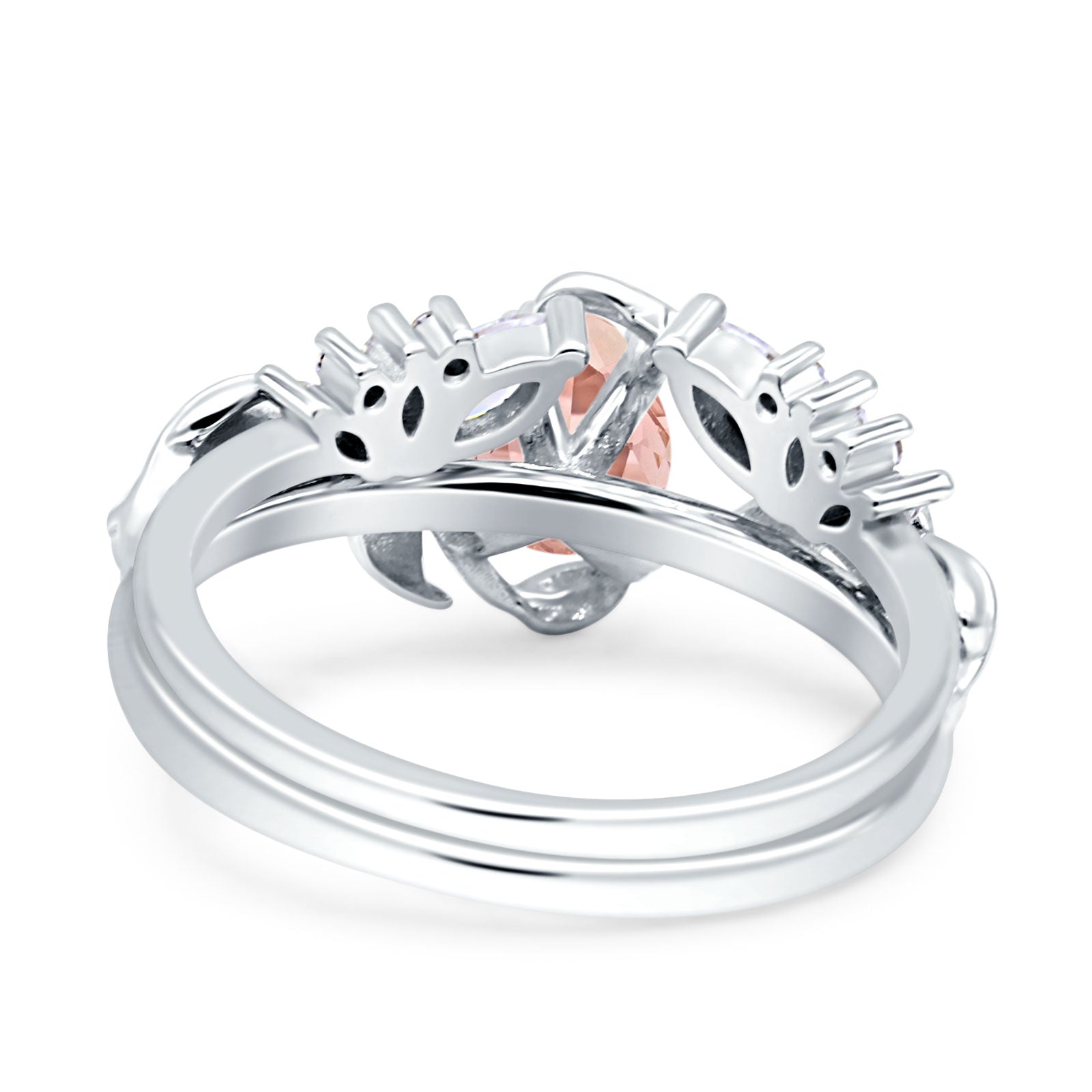 Art Deco Teardrop Pear Leaf Design Wedding Two Piece Ring Simulated Cubic Zirconia Stones 925 Sterling Silver