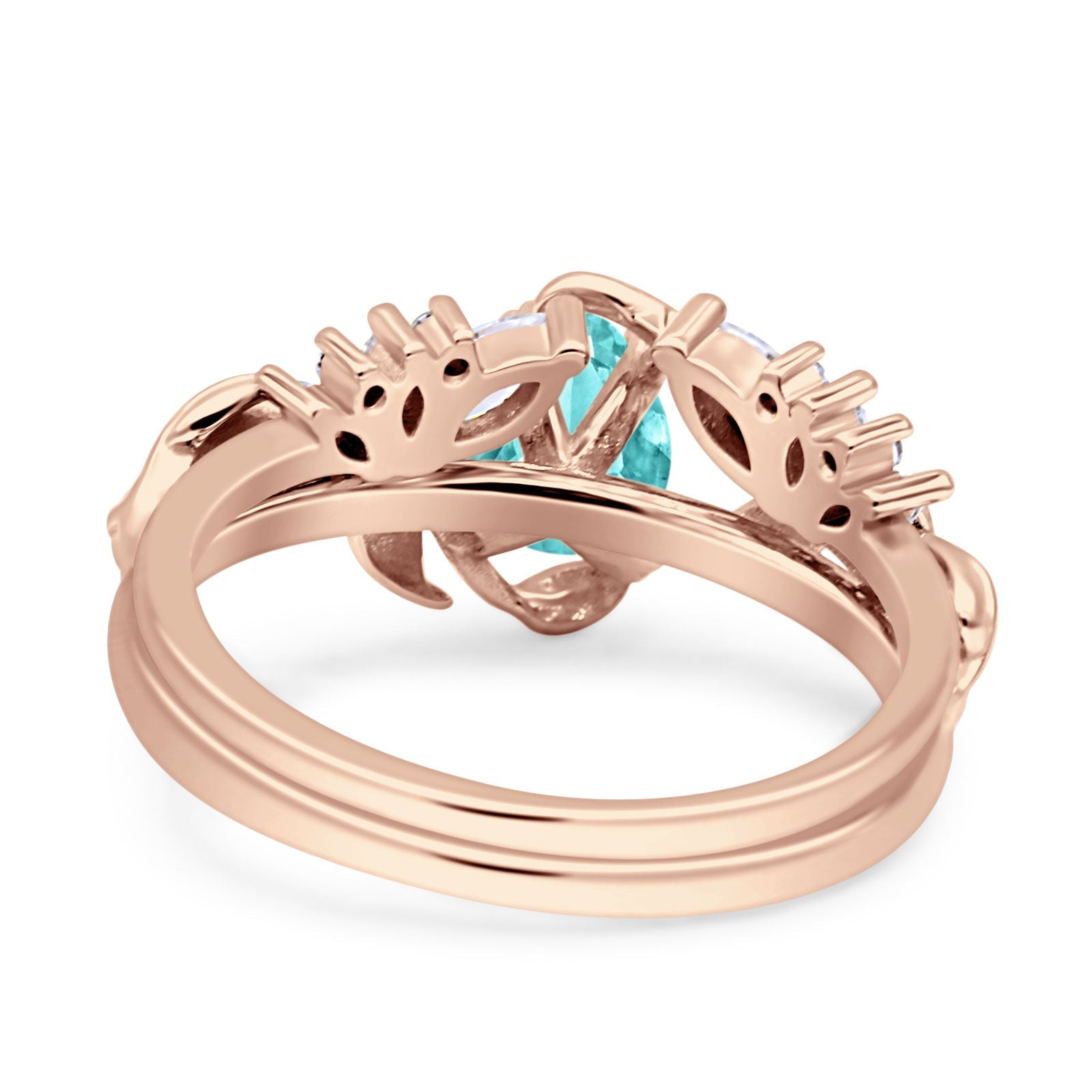 Art Deco Teardrop Pear Leaf Design Wedding Two Piece Ring Simulated Cubic Zirconia Stones 925 Sterling Silver