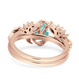 Art Deco Teardrop Pear Leaf Design Wedding Two Piece Ring Simulated Cubic Zirconia Stones 925 Sterling Silver