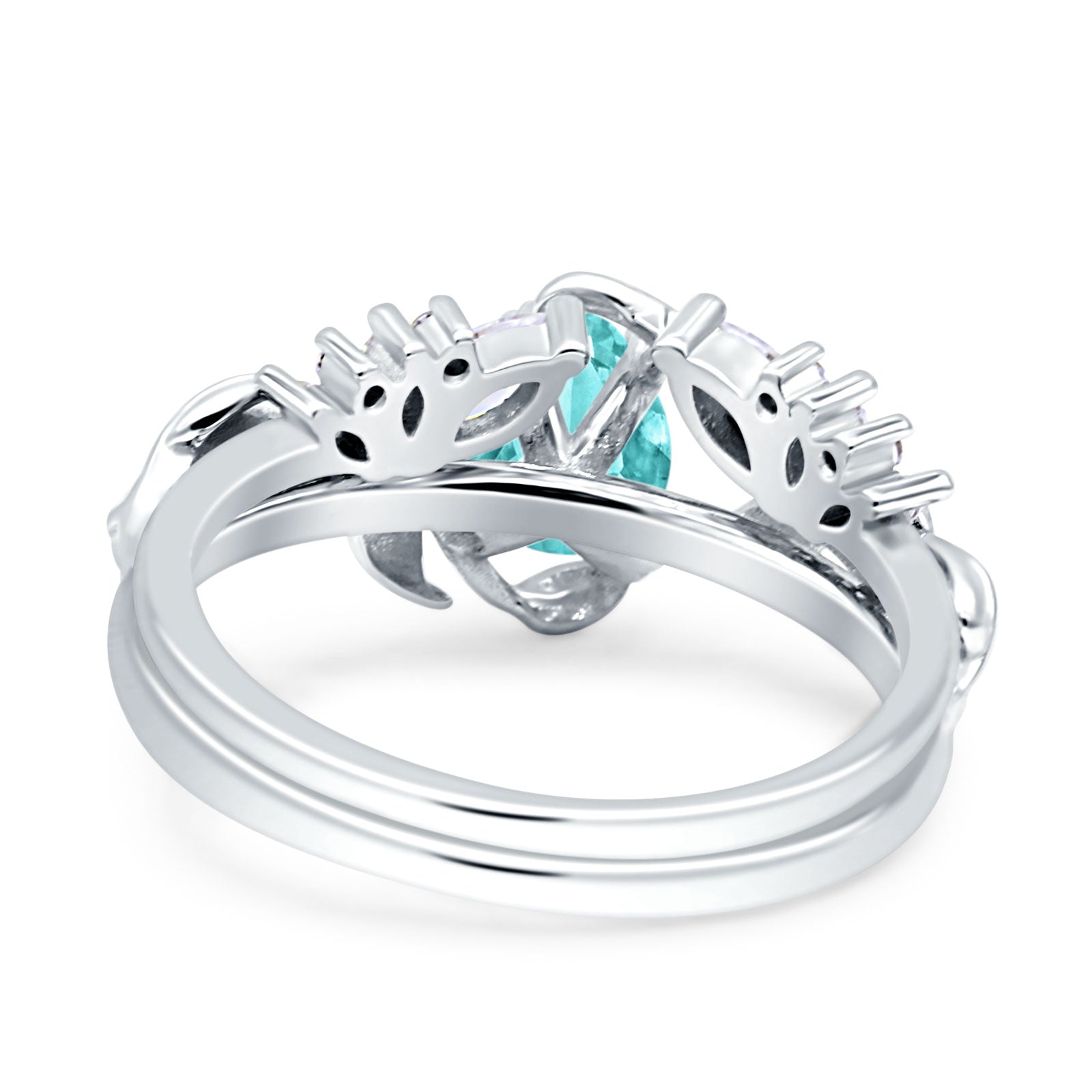 Art Deco Teardrop Pear Leaf Design Wedding Two Piece Ring Simulated Cubic Zirconia Stones 925 Sterling Silver