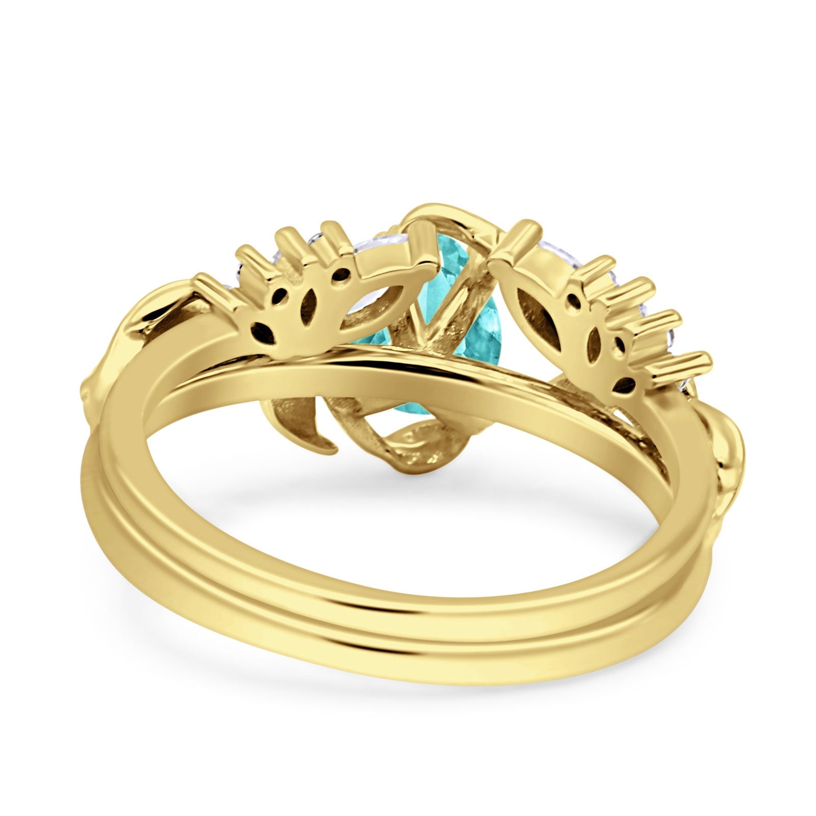 Art Deco Teardrop Pear Leaf Design Wedding Two Piece Ring Simulated Cubic Zirconia Stones 925 Sterling Silver