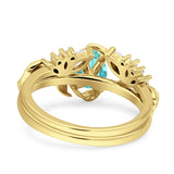 Art Deco Teardrop Pear Leaf Design Wedding Two Piece Ring Simulated Cubic Zirconia Stones 925 Sterling Silver