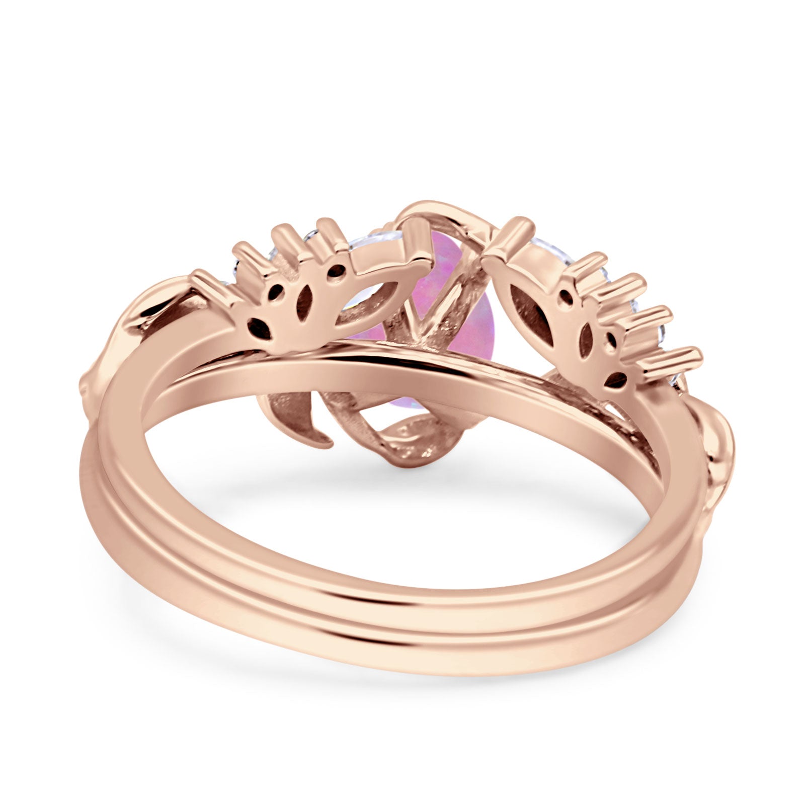 Art Deco Teardrop Pear Leaf Design Wedding Two Piece Ring Simulated Cubic Zirconia Stones 925 Sterling Silver